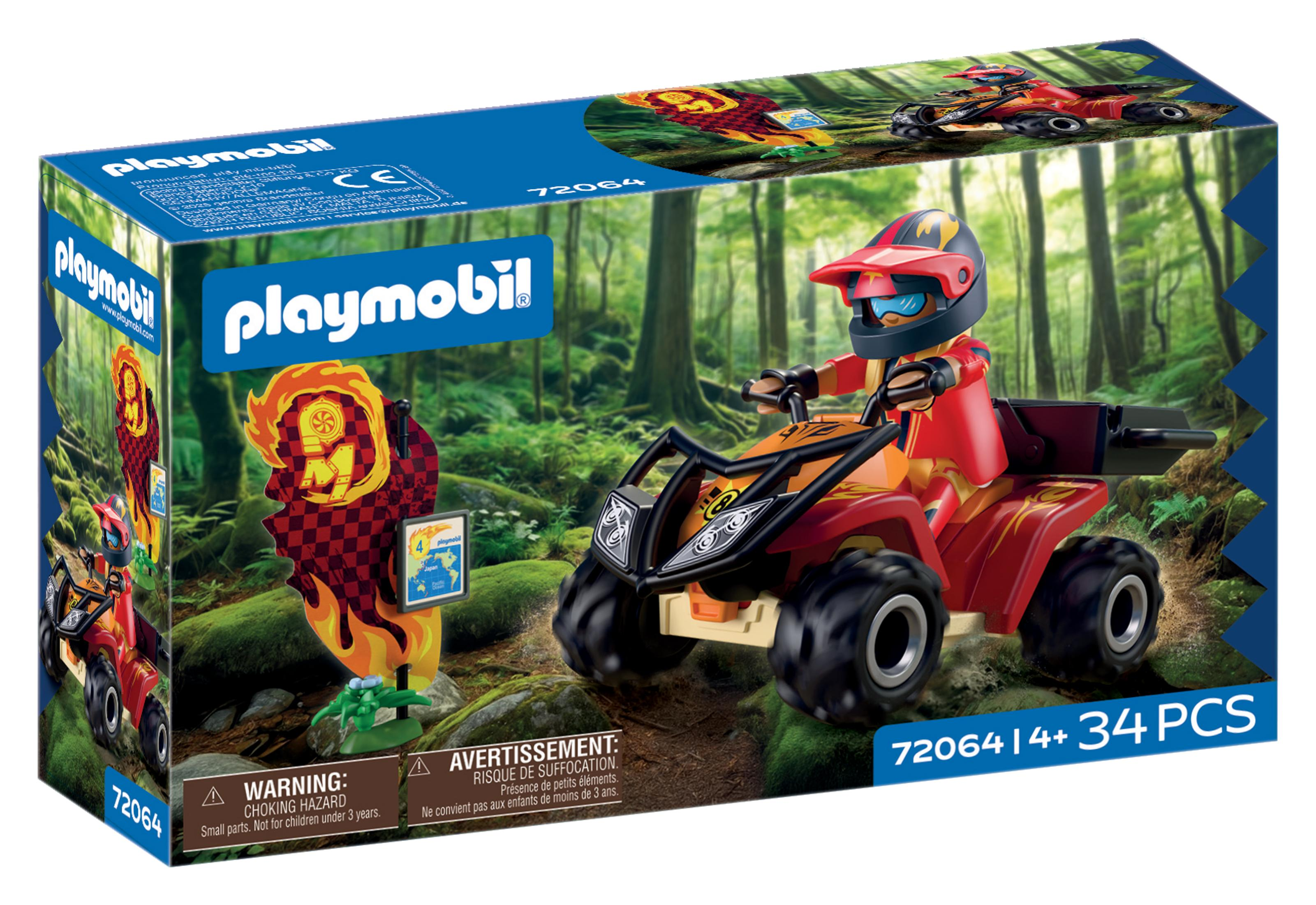 Set de Playmobil con un jinete en un quad en un entorno forestal.