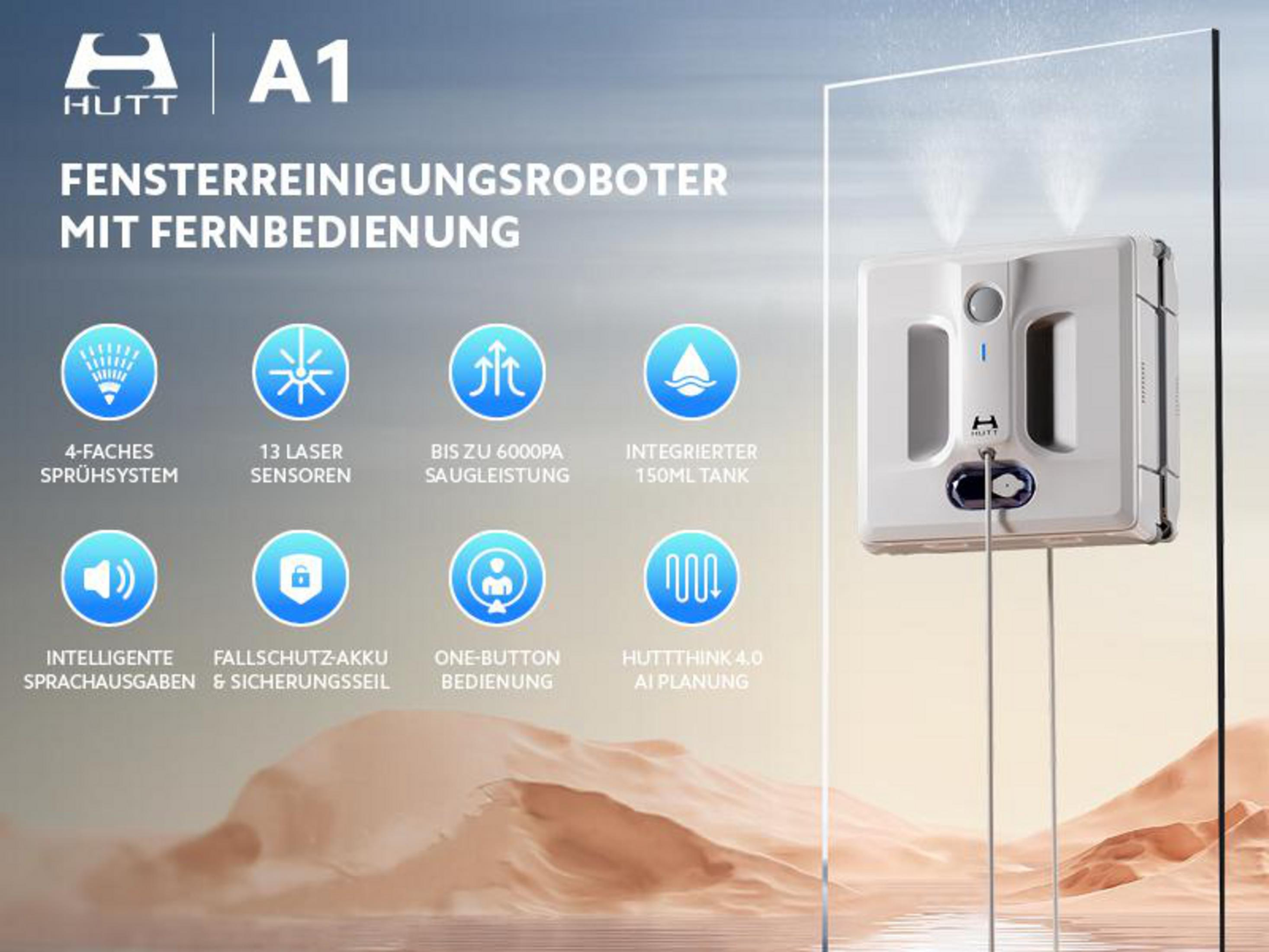 Hutt A1 Fensterreinigungsroboter mit Sprühsystem, Laser, Saugleistung, Tank.