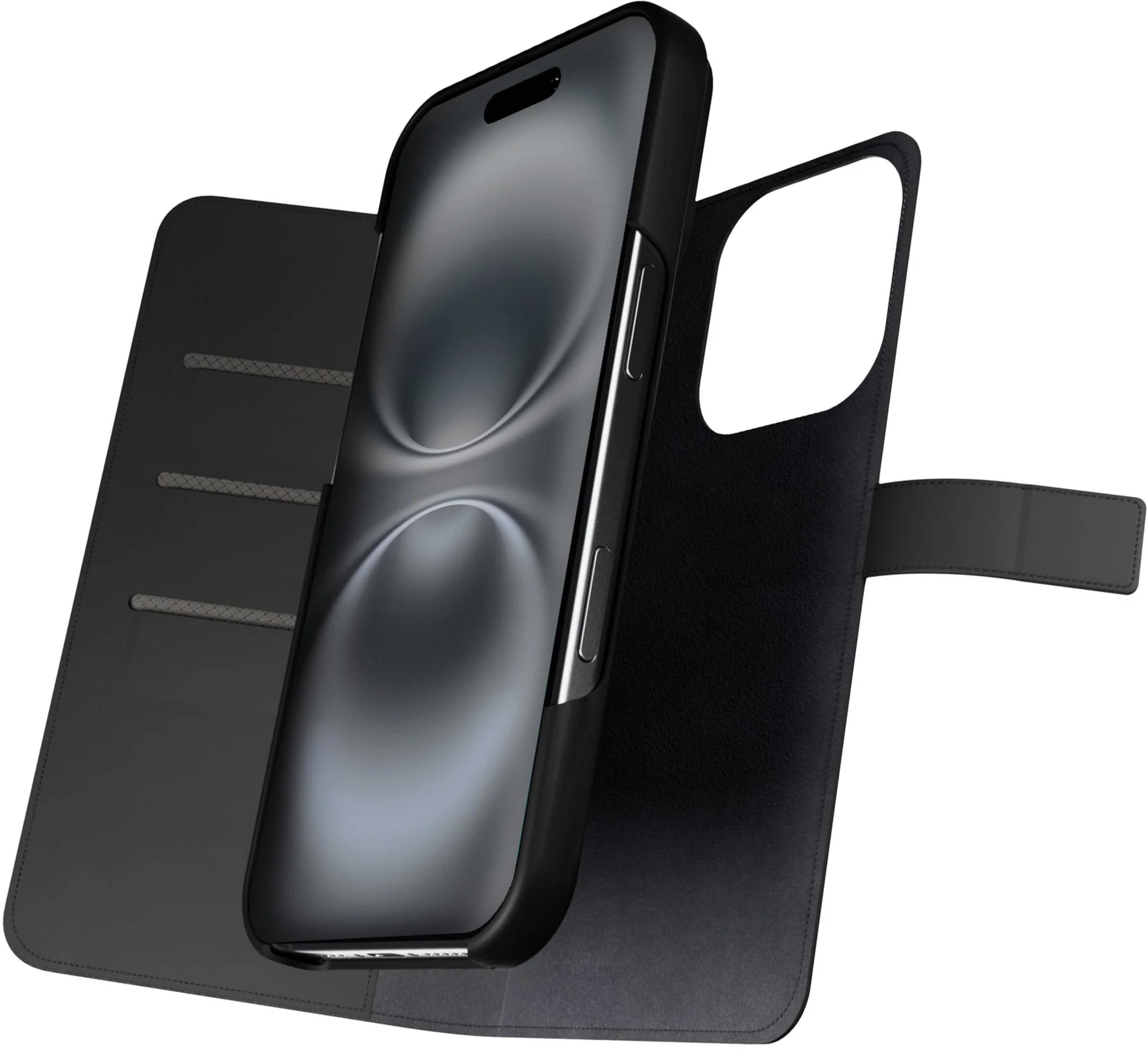 Schwarzes Handy-Flipcase mit Handy, auf weißem Hintergrund.