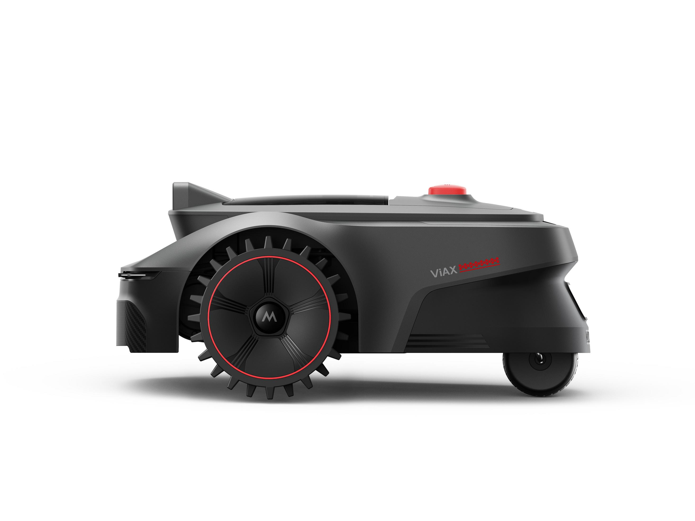 Ein schwarzer Mähroboter mit roten Akzenten auf weißem Hintergrund.