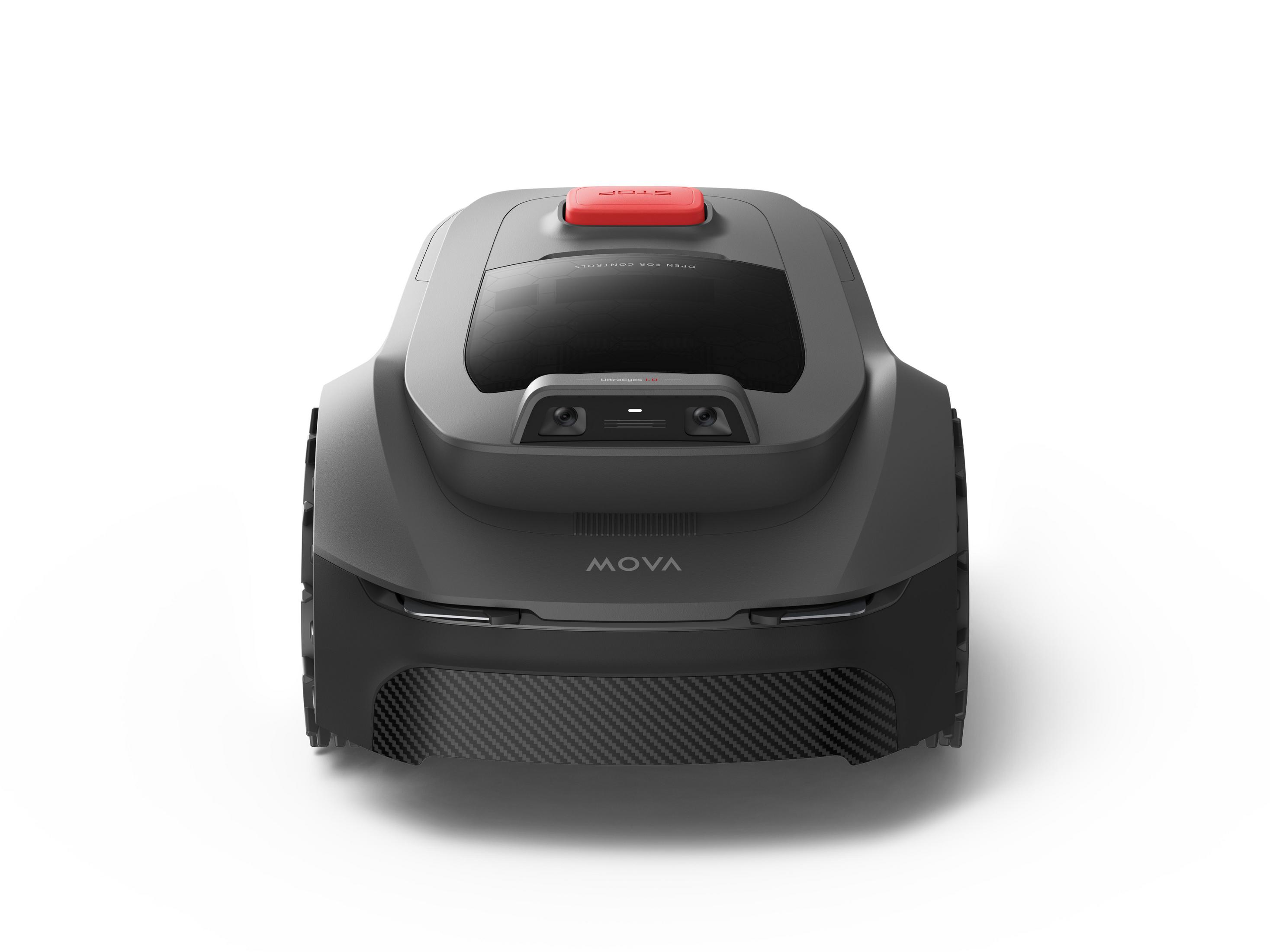 Ein grauer Mähroboter mit rotem Stoppknopf und schwarzer Carbonfaser-Front.