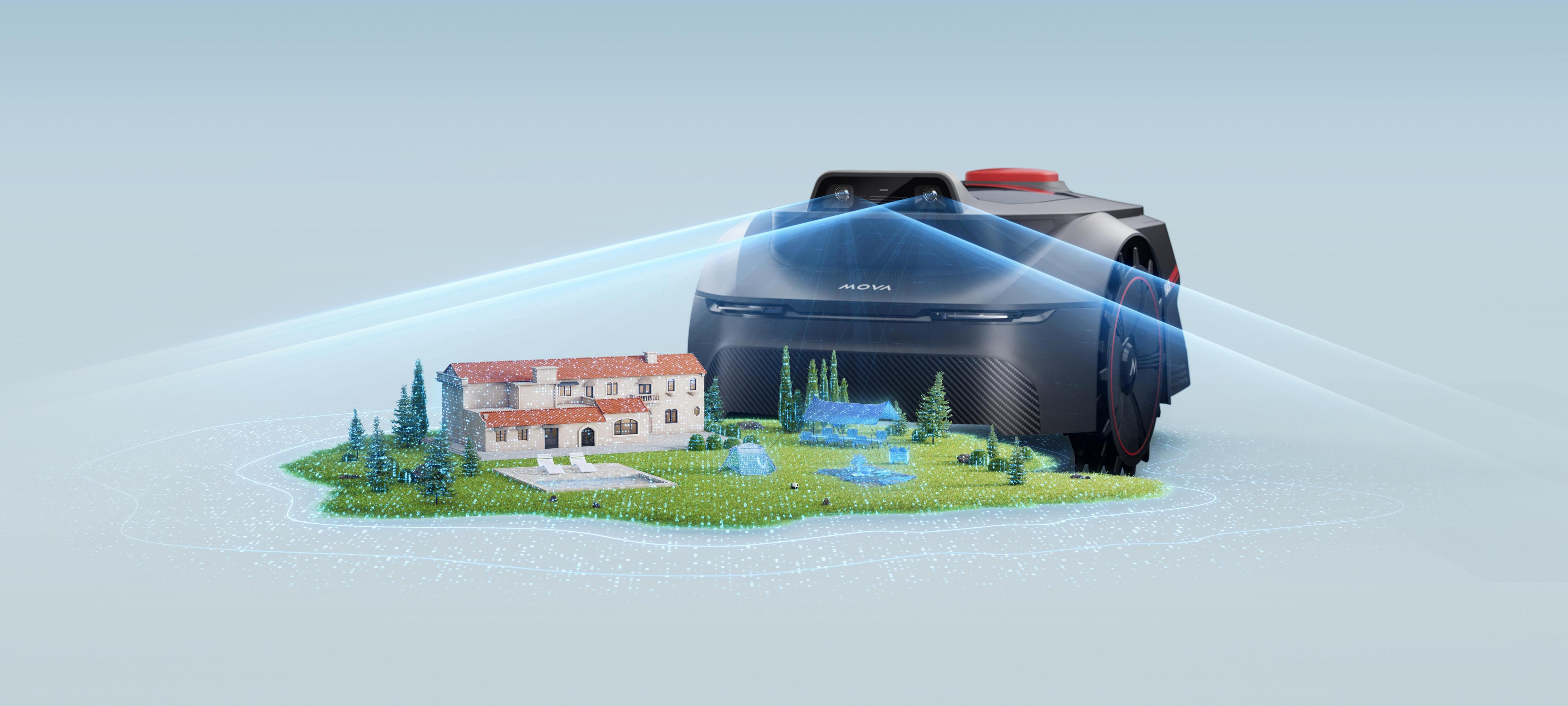 Ein Mähroboter scannt ein Modellhaus mit Pool, Bäumen und Campingplatz.
