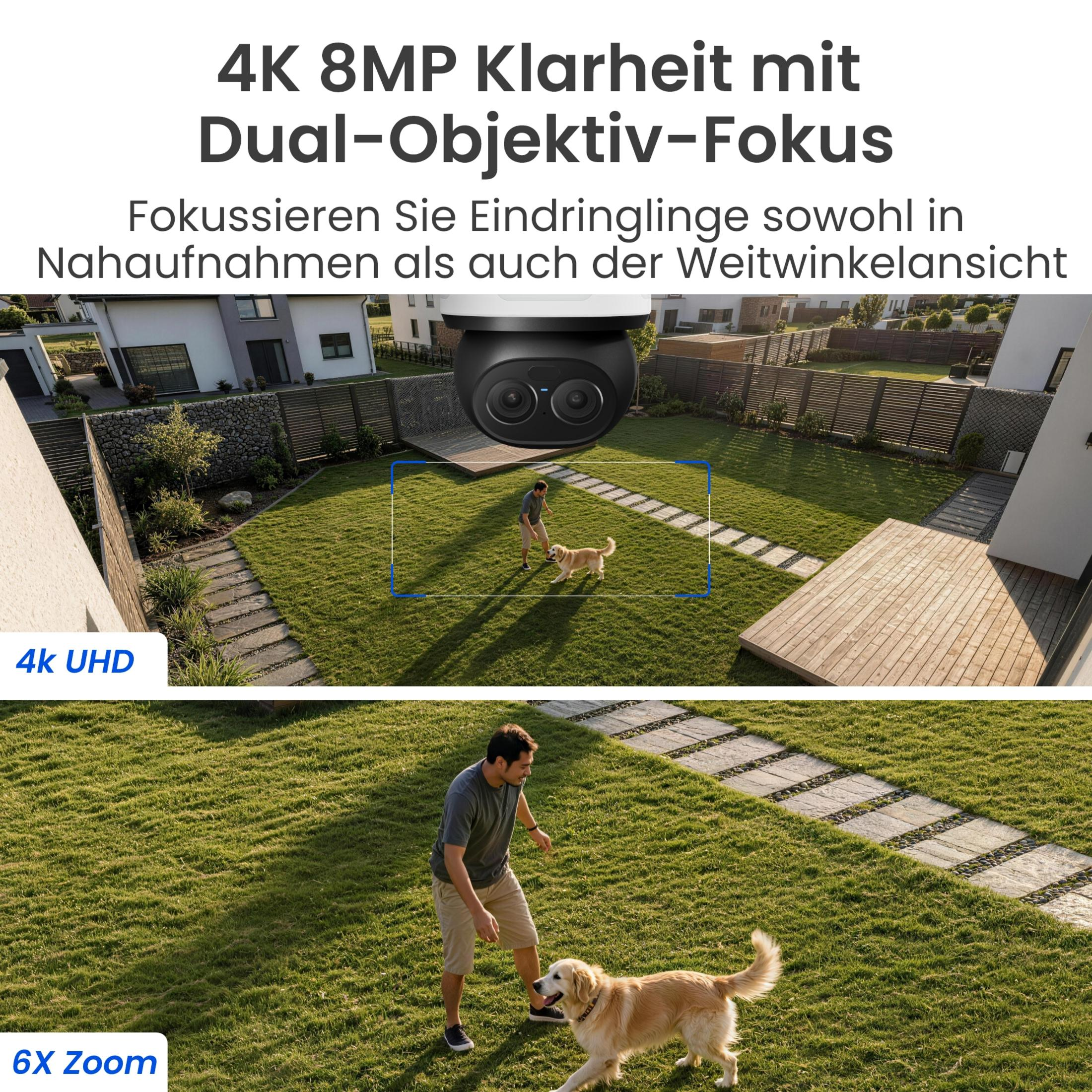 Homme joue avec golden retriever dans cour gazonnée. Caméra montre 4K UHD et zoom 6X.