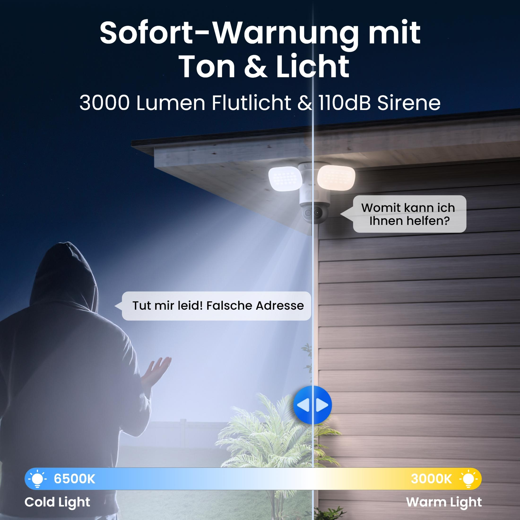 Une silhouette à capuche devant une maison éclairée. Alerte instantanée avec son et lumière.