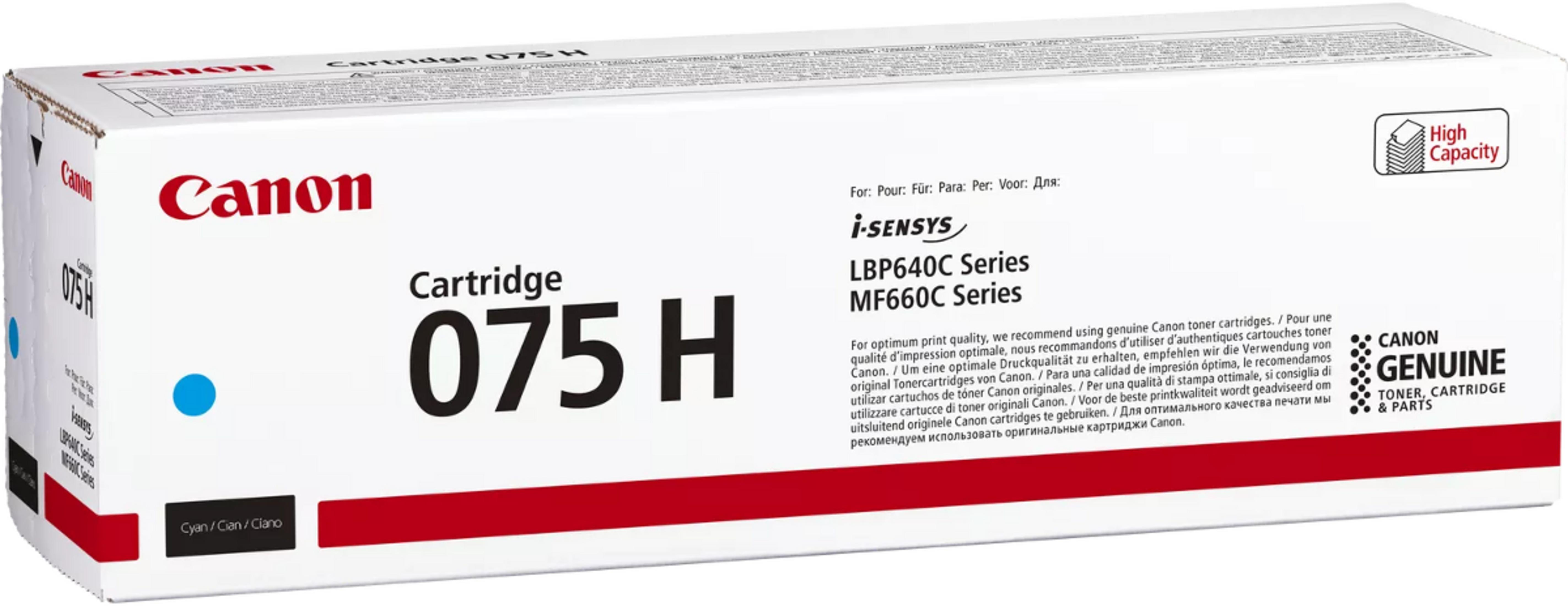 Scatola cartuccia Canon bianca con etichetta "075 H" e "High Capacity".