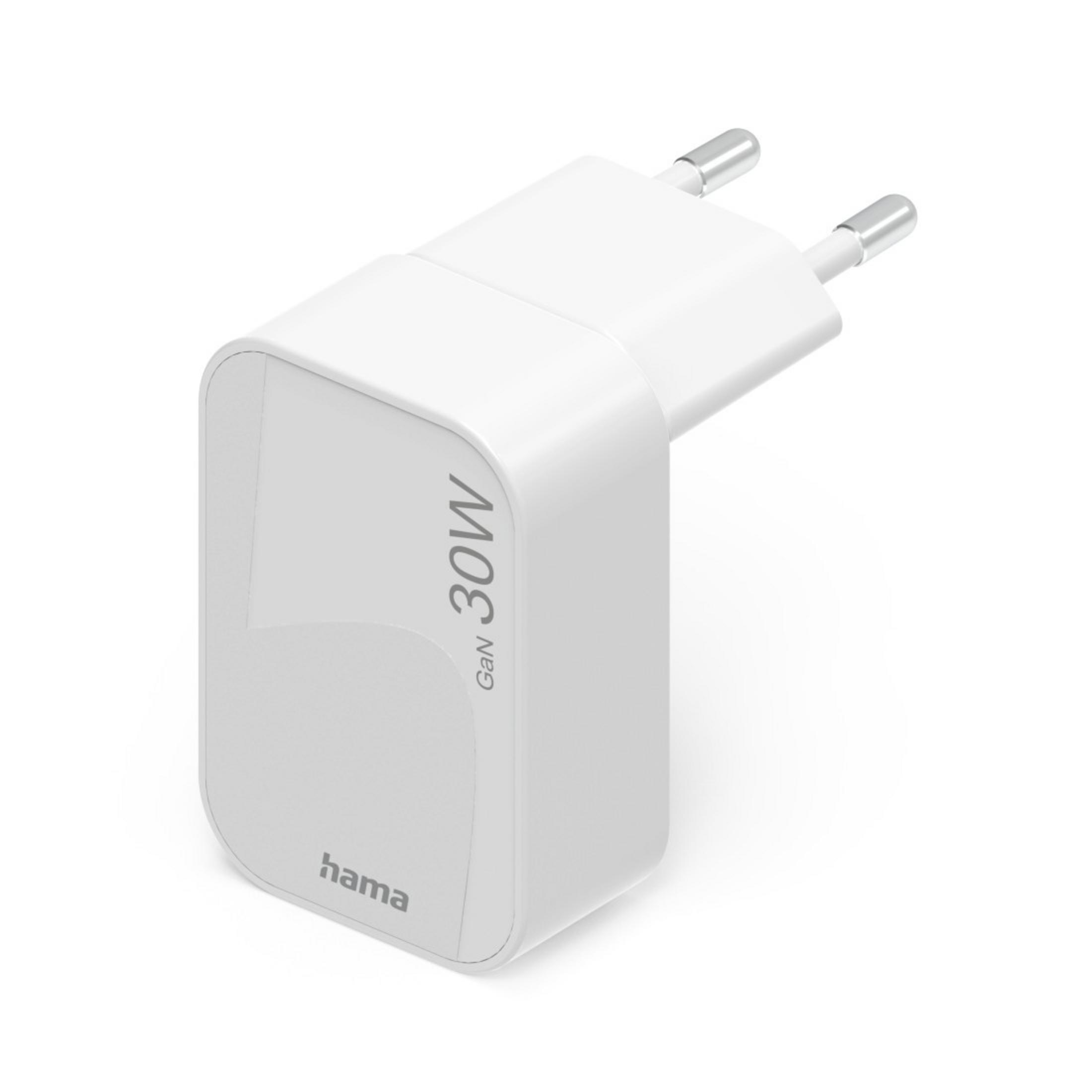 Biały adapter sieciowy Hama 30W GaN z dwoma pinami.