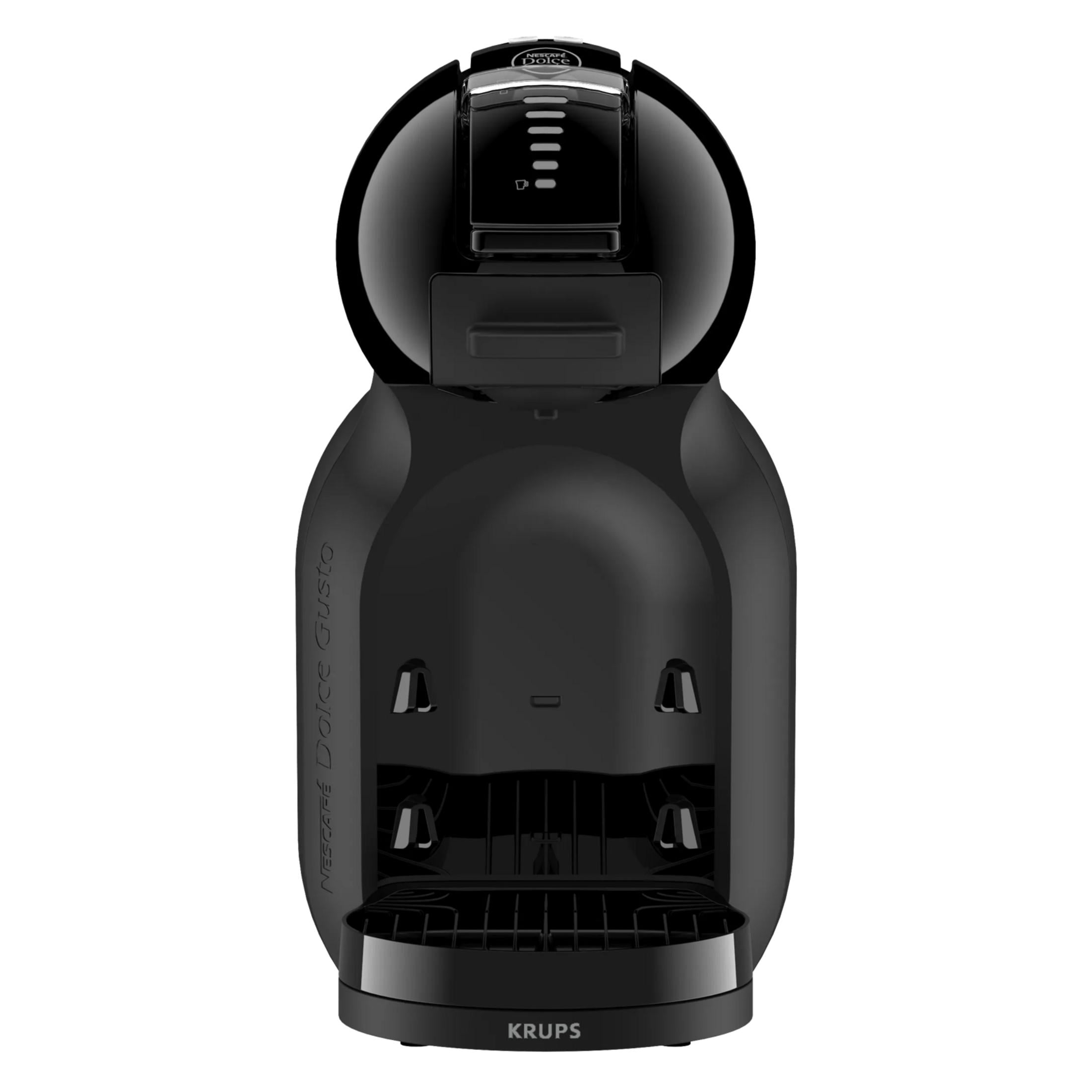 Eine schwarze Dolce Gusto Kaffeemaschine mit Tropfschale und Tasten.
