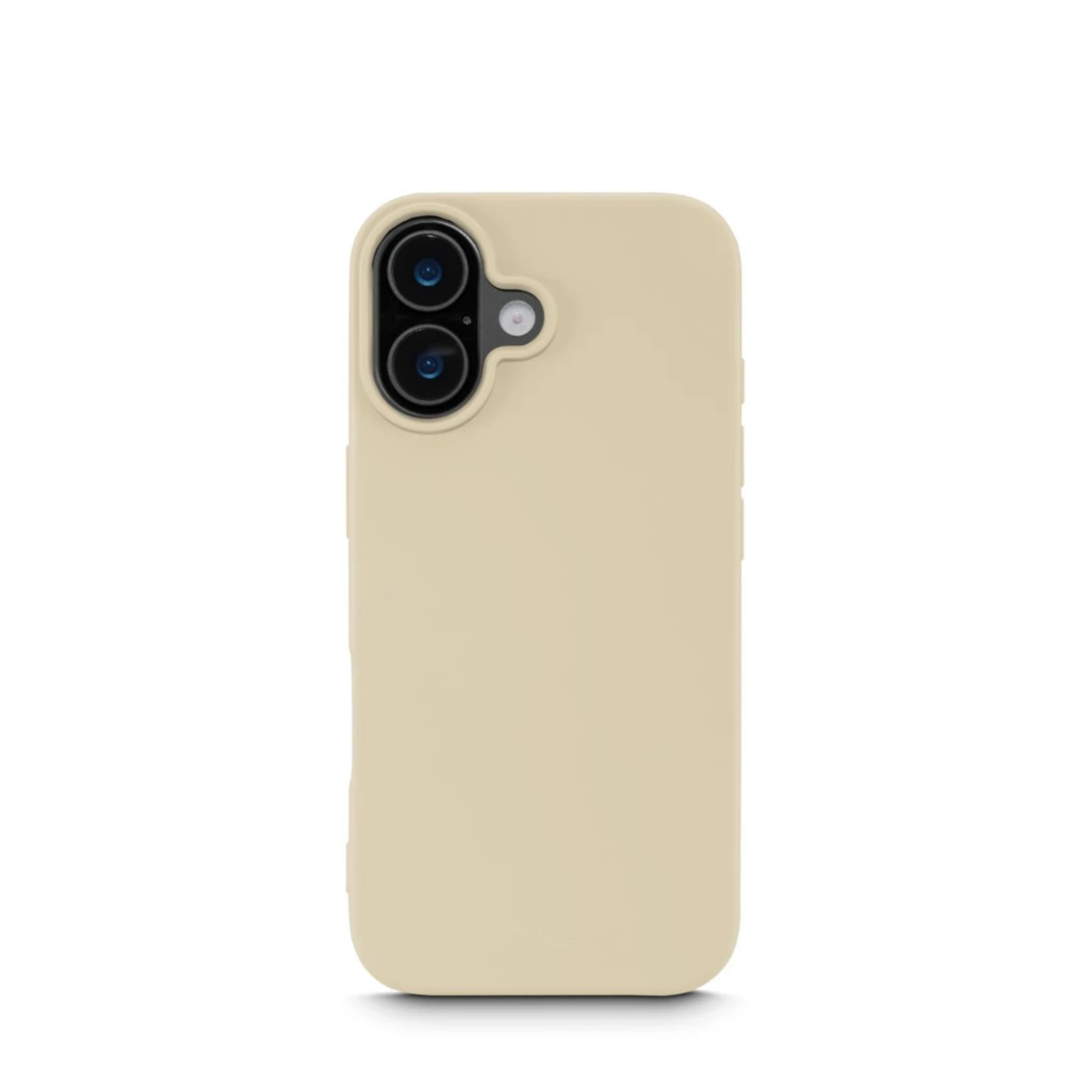Eine beige Handyhülle mit zwei Kameralinsen und Blitz.
