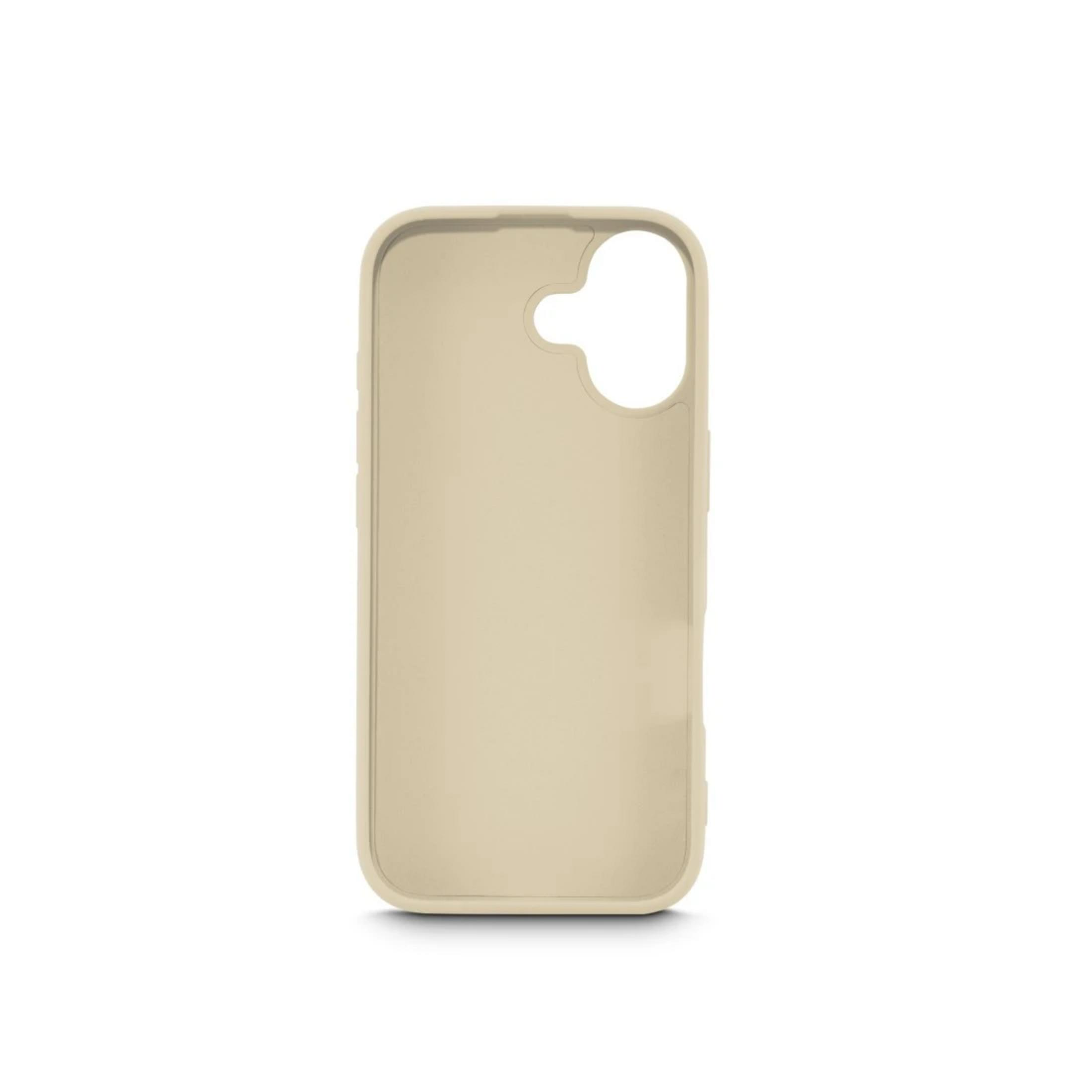 Eine beige Handyhülle mit Ausschnitten für Kamera und Tasten.