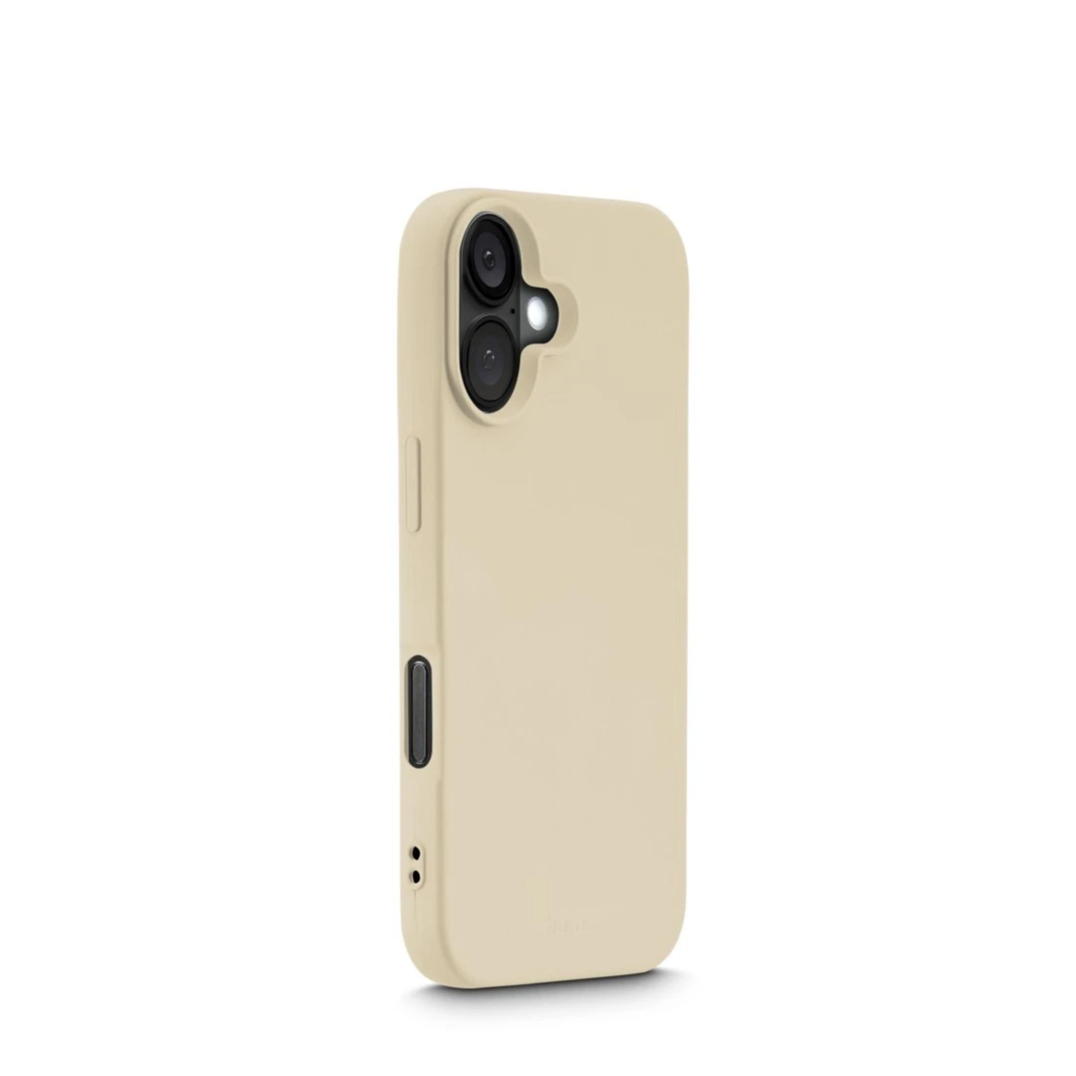 Eine beige Schutzhülle für ein Smartphone mit sichtbarer Kamera und Blitz.