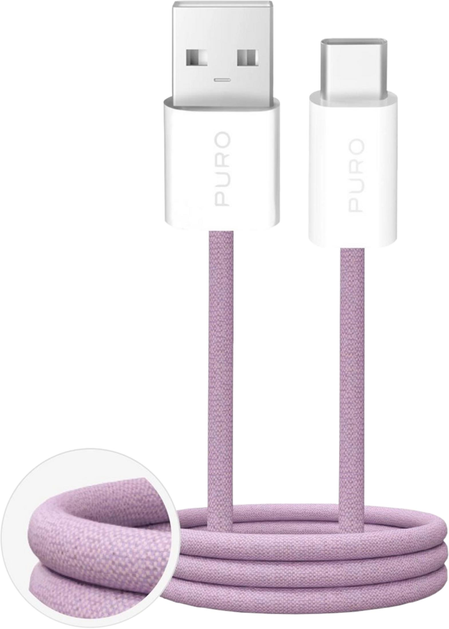 Un cavo USB-C viola con connettori bianchi, arrotolato