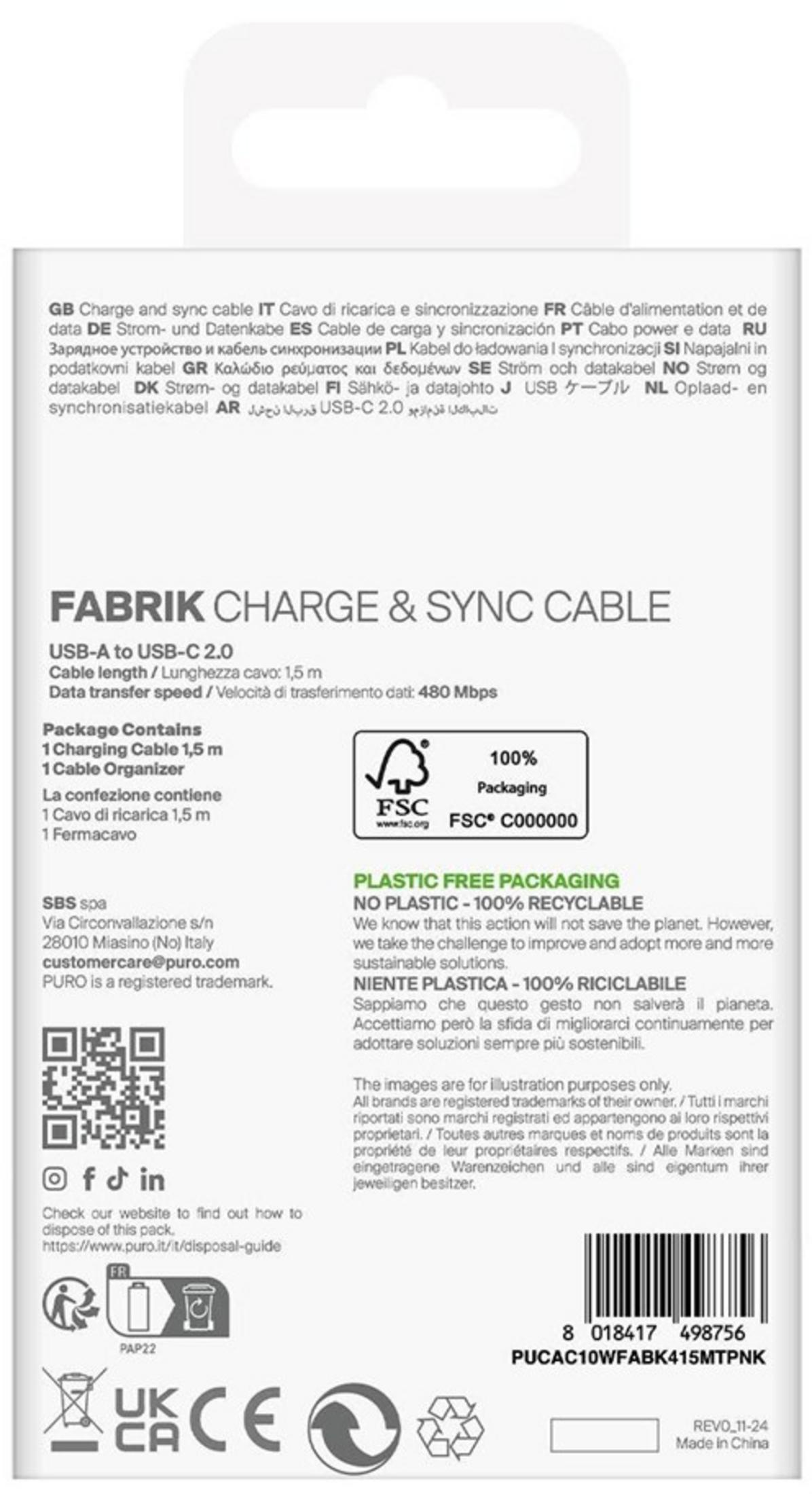 Confezione di un cavo di ricarica e sincronizzazione FABRIK USB-A a USB-C 2.0 con logo FSC.