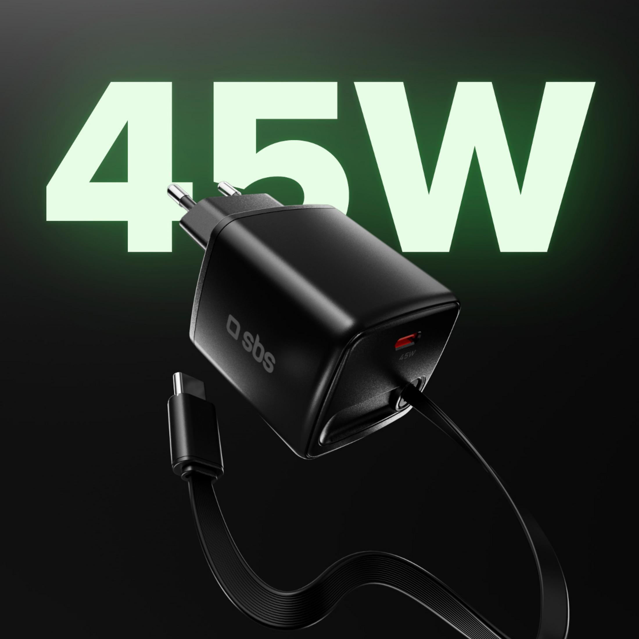 Cargador USB-C negro de 45W con cable y conector USB-C.
