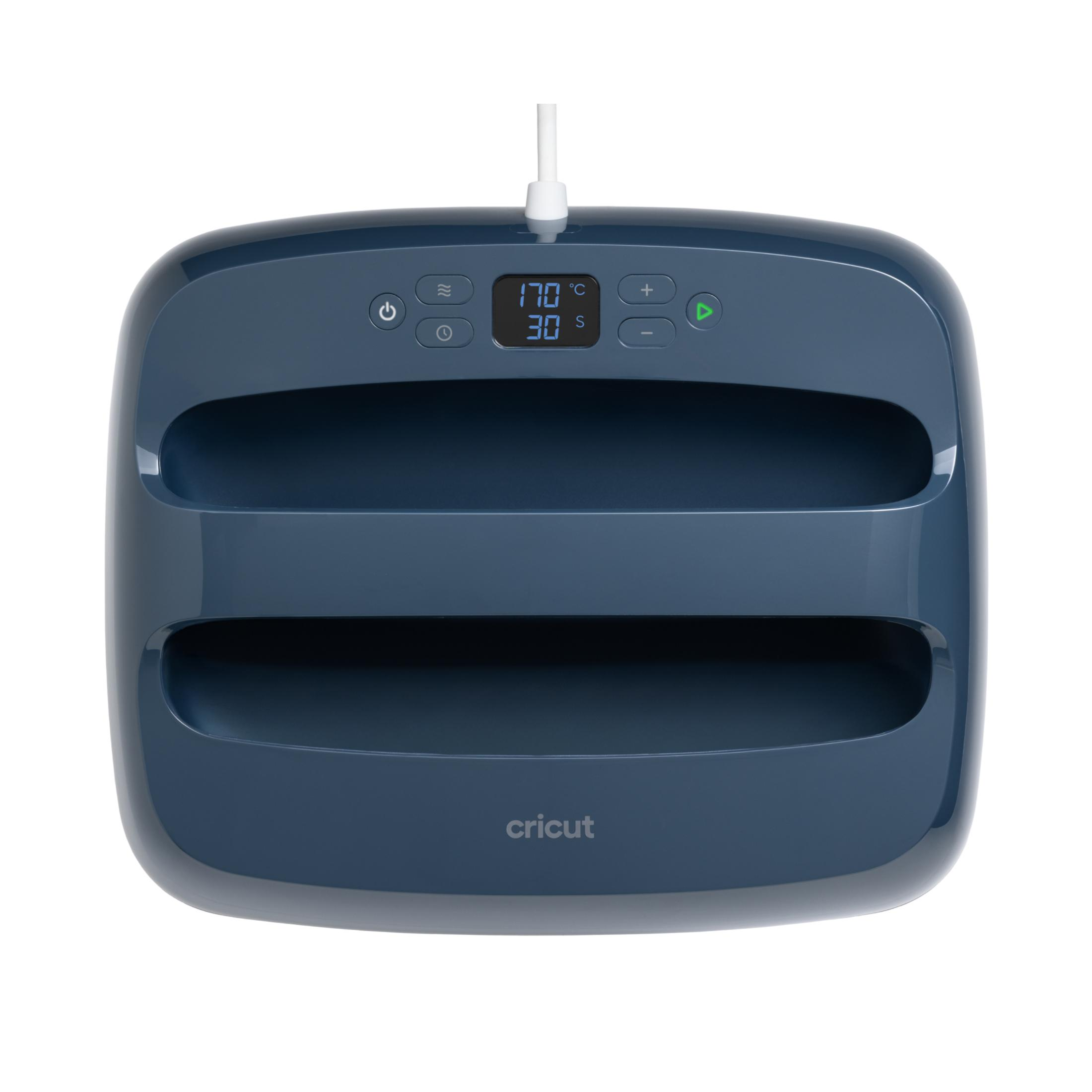 Cricut EasyPress azul oscuro con pantalla digital de temperatura y tiempo.