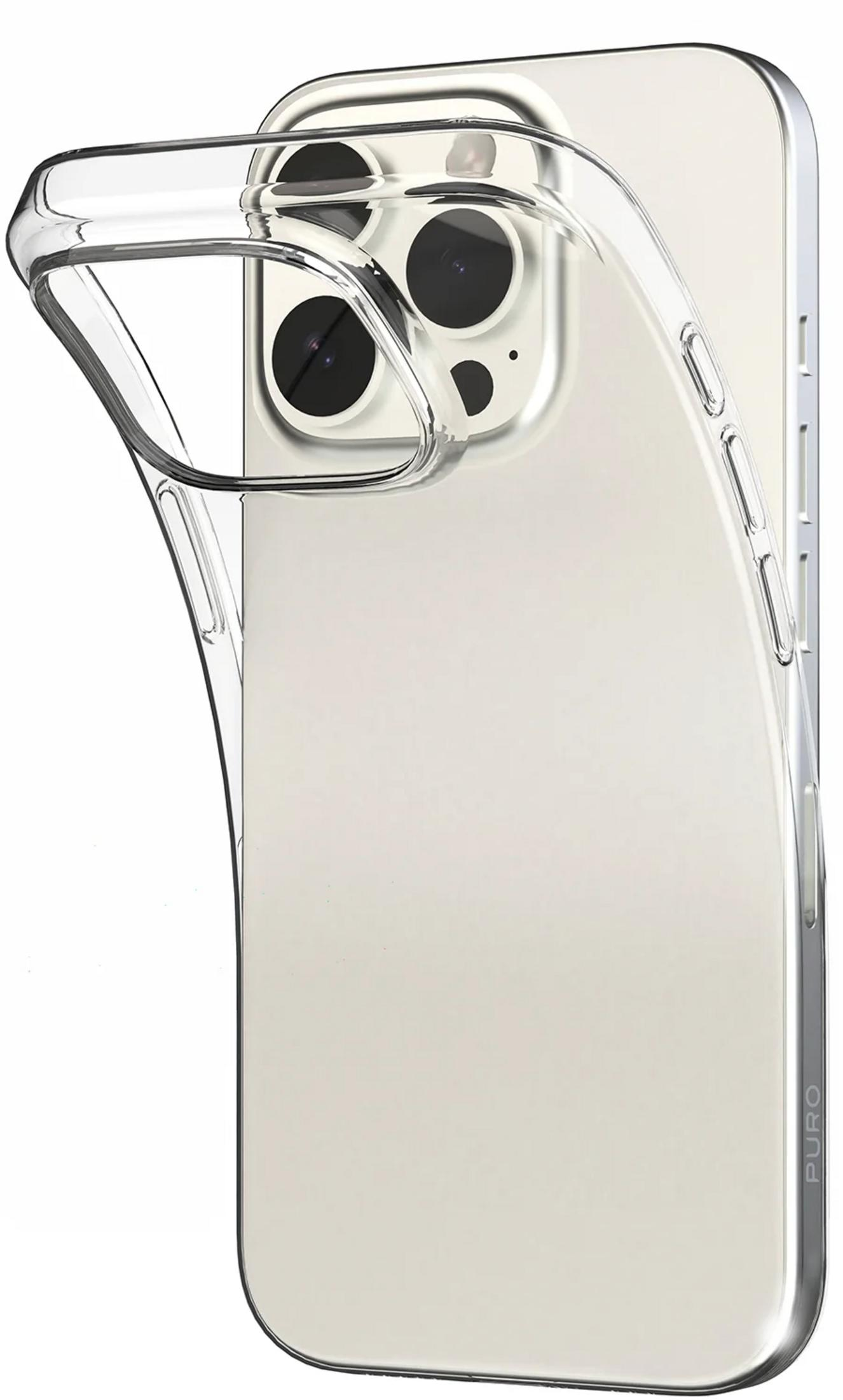 Una cover trasparente copre il retro di uno smartphone chiaro con tre fotocamere.