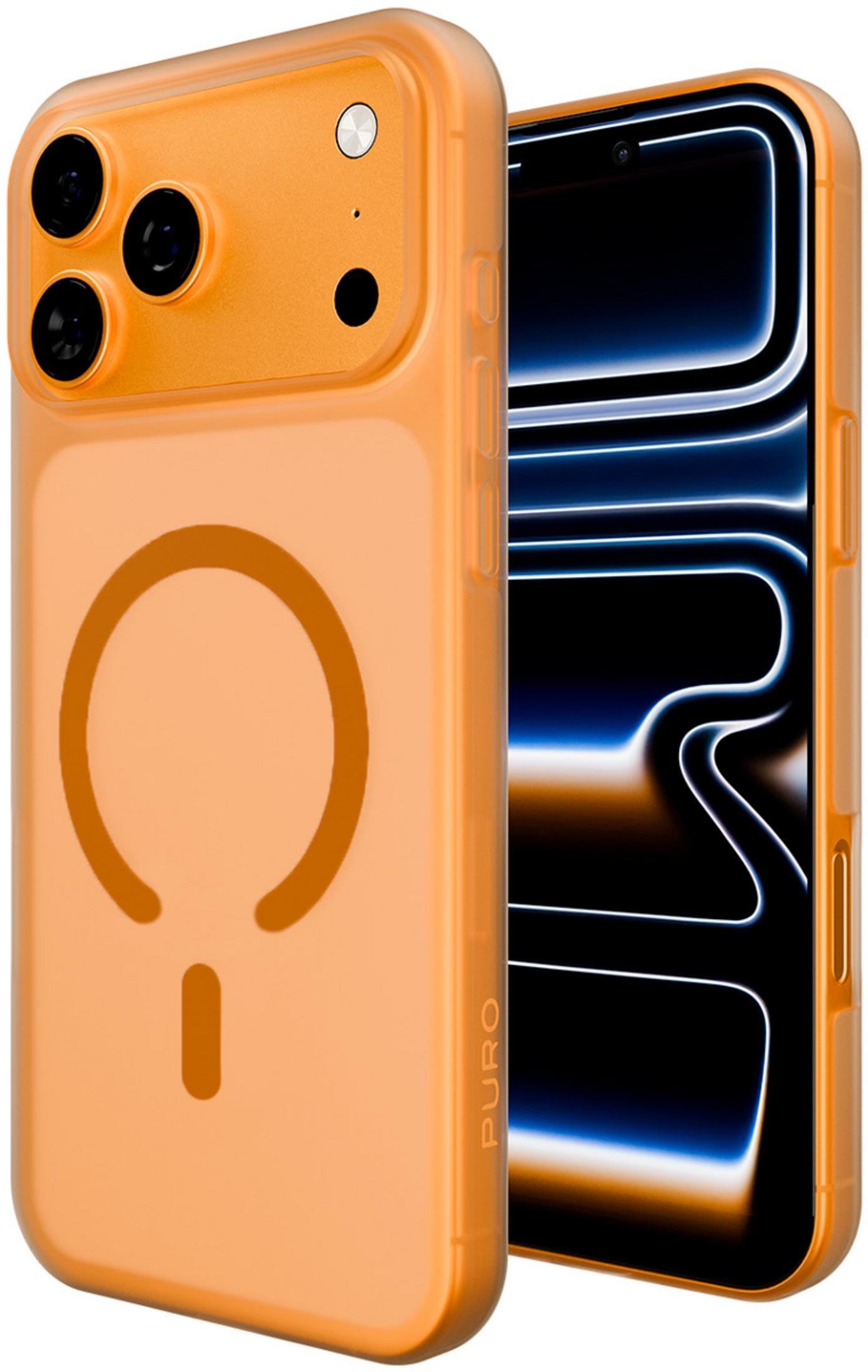 Custodia arancione per telefono con fotocamere e logo PURO, accanto a uno smartphone.