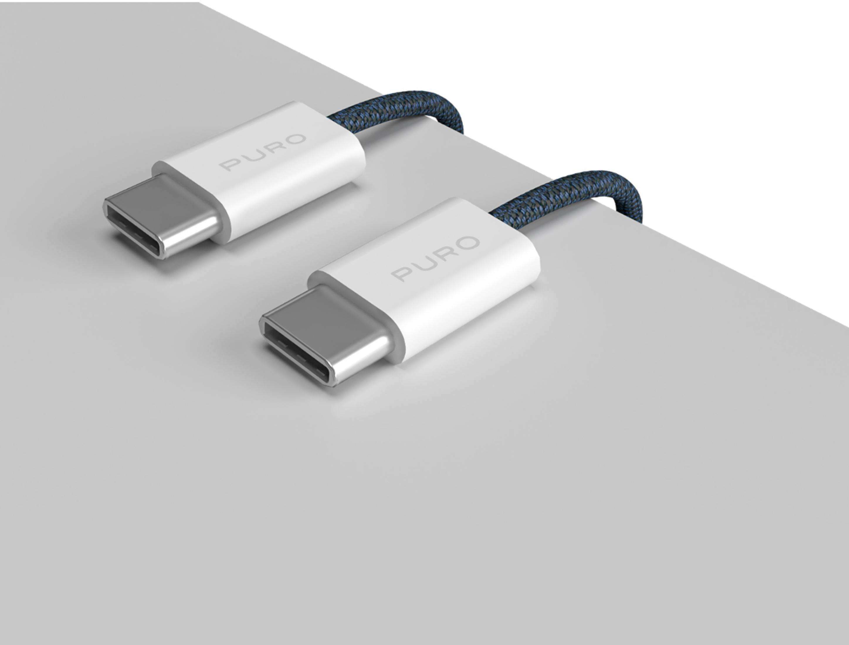 Due cavi USB-C bianchi con treccia blu scuro su superficie grigia.