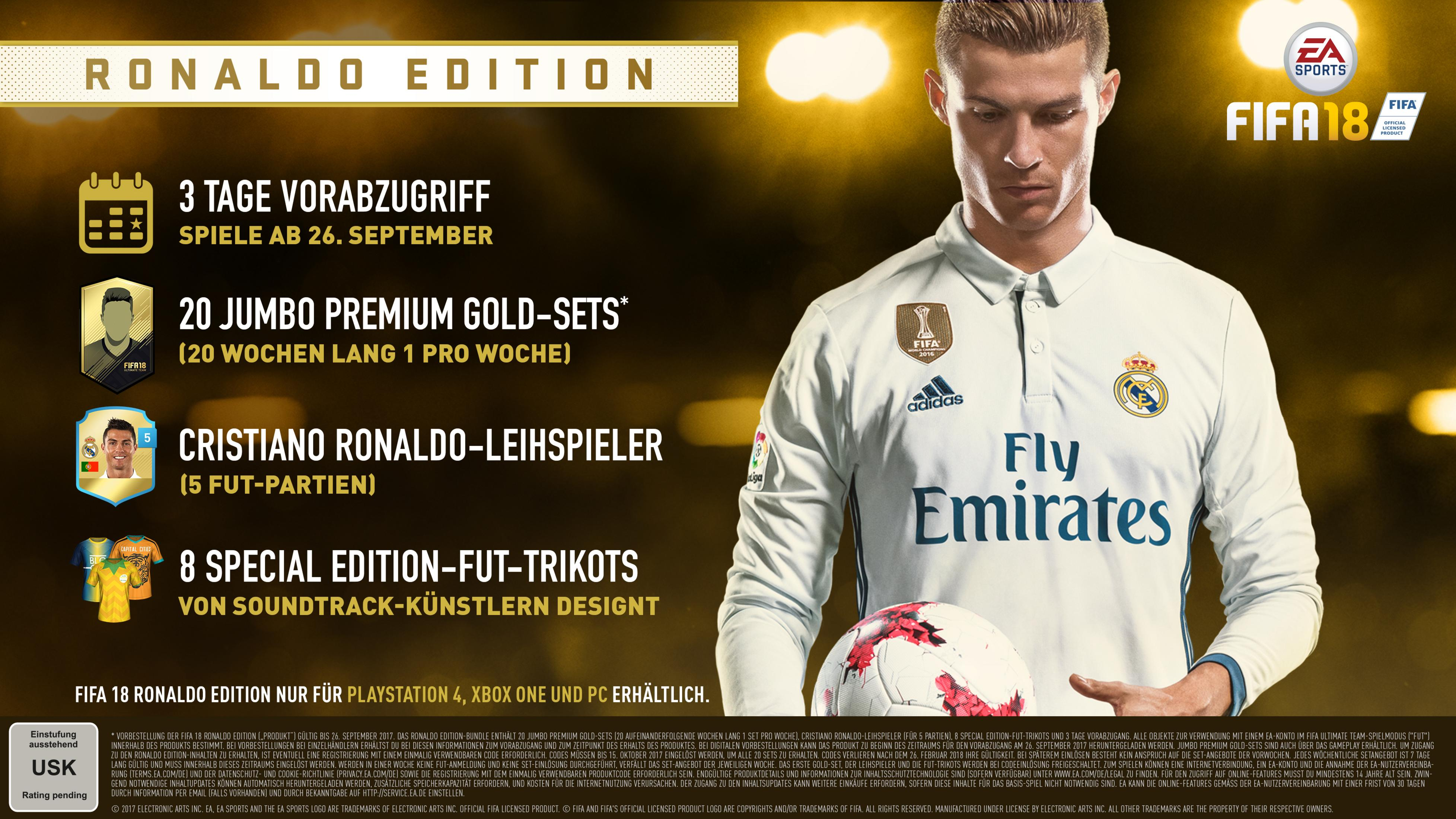 FIFA 18 Ronaldo Edition mit Cristiano Ronaldo, Vorabzugang, Gold-Sets und Trikots.