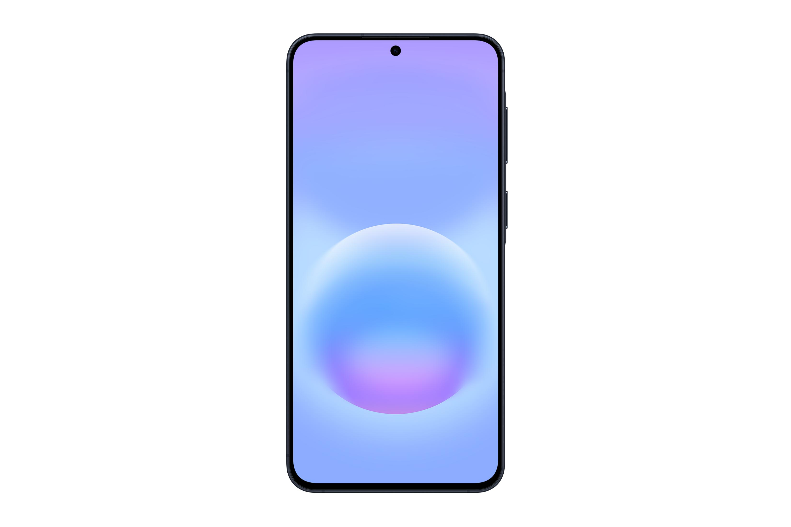 Ein schwarzes Smartphone mit einem Farbverlauf von Lila zu Blau auf dem Bildschirm.