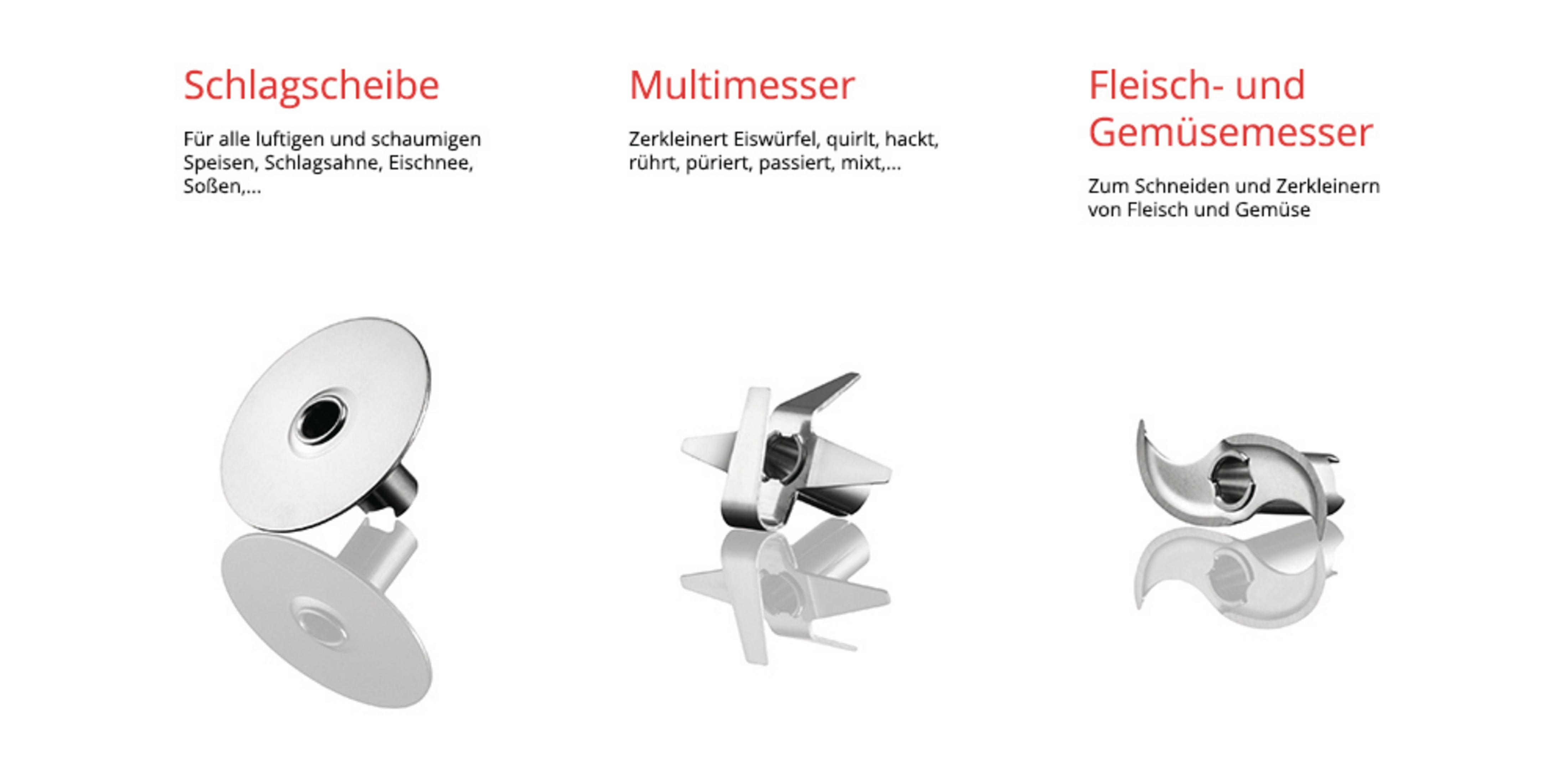 Tre accessori per robot da cucina: disco frusta, lame multiple e lame per carne/verdure.