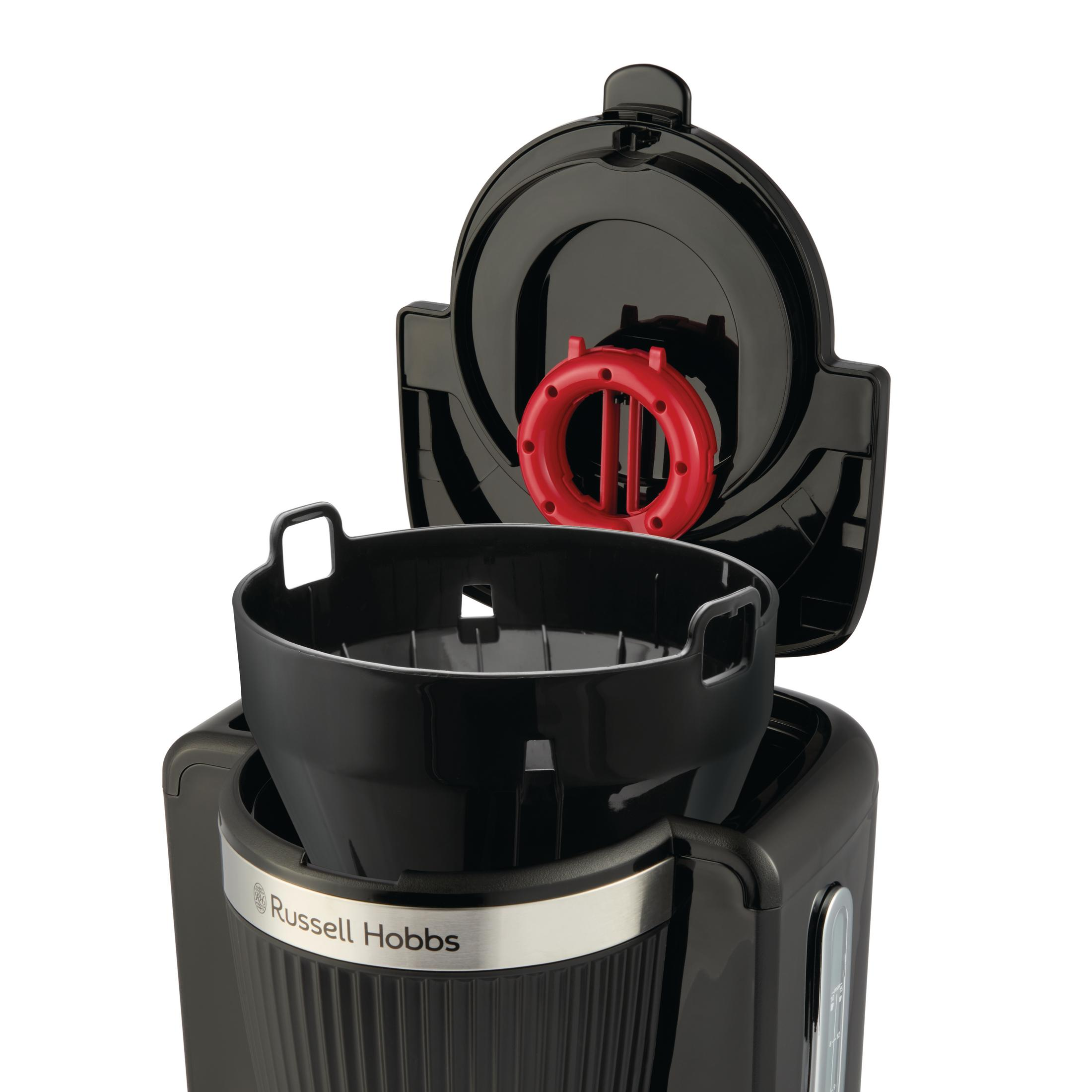 Una cafetera Russell Hobbs negra con la tapa abierta y un portafiltros rojo.