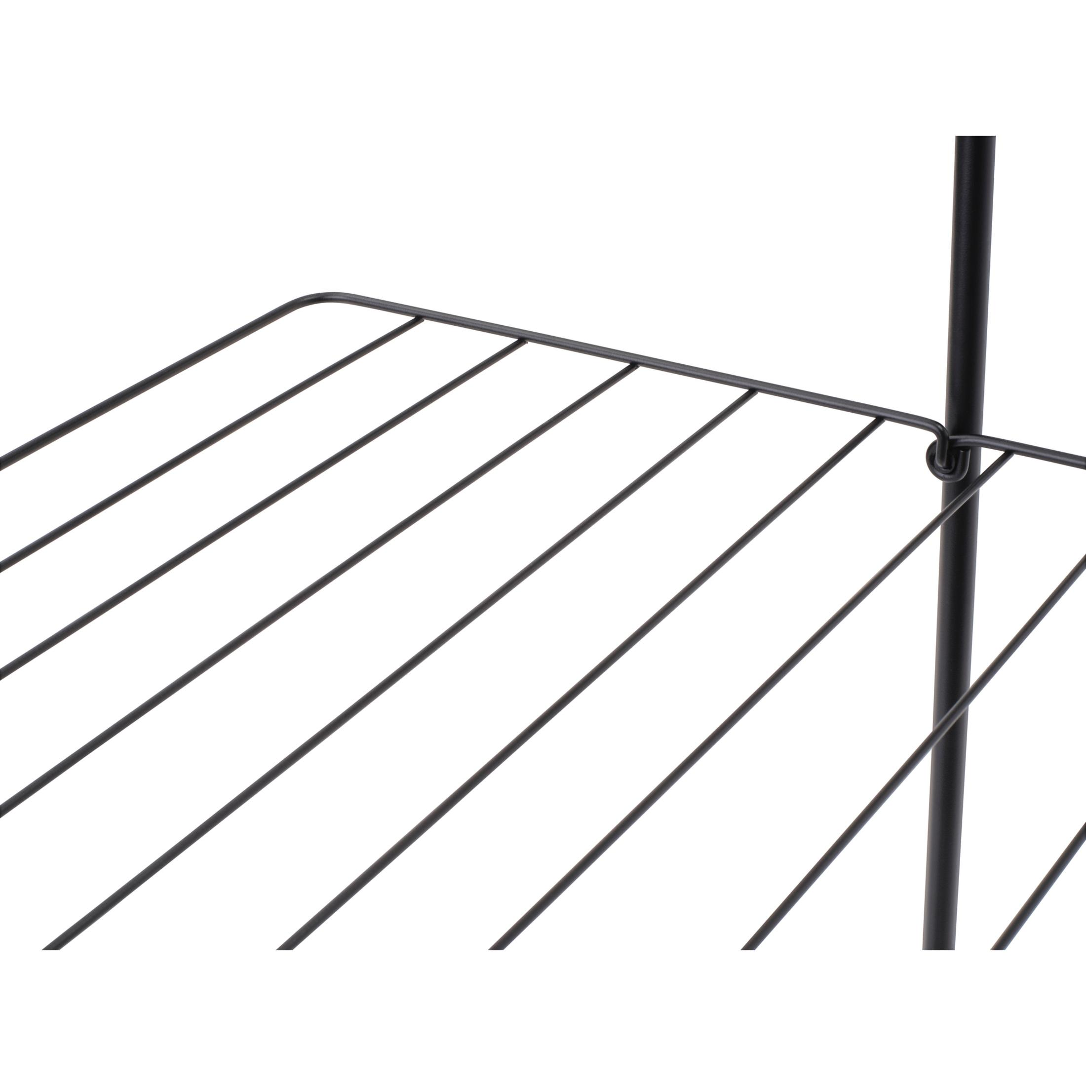 Een zwart metalen droogrek met parallelle stangen en een verticale standaard.