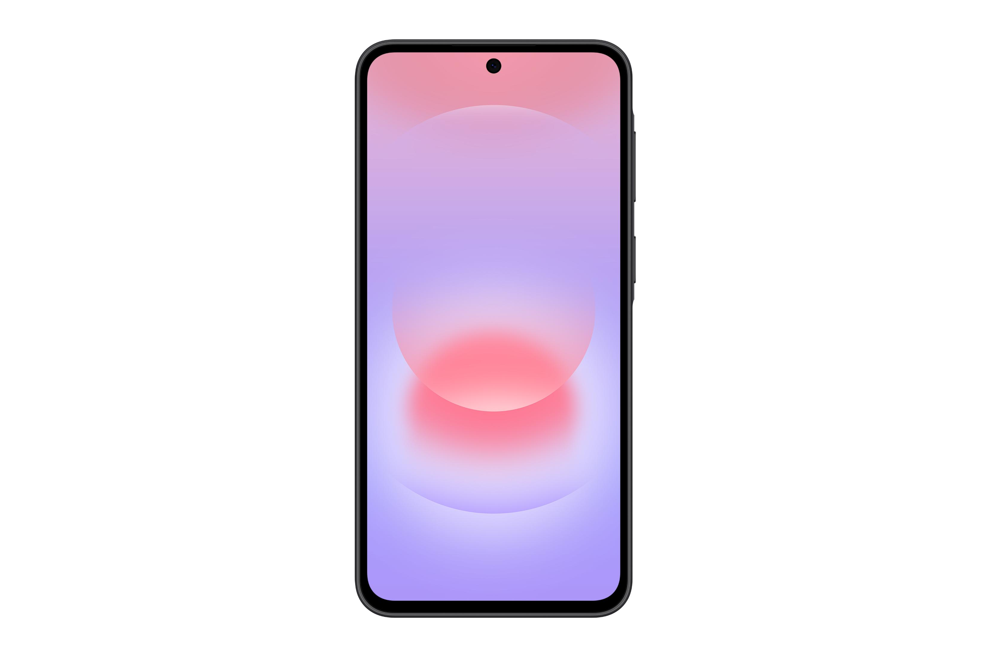 Een smartphone met zwarte rand en een roze naar paars verloop scherm.