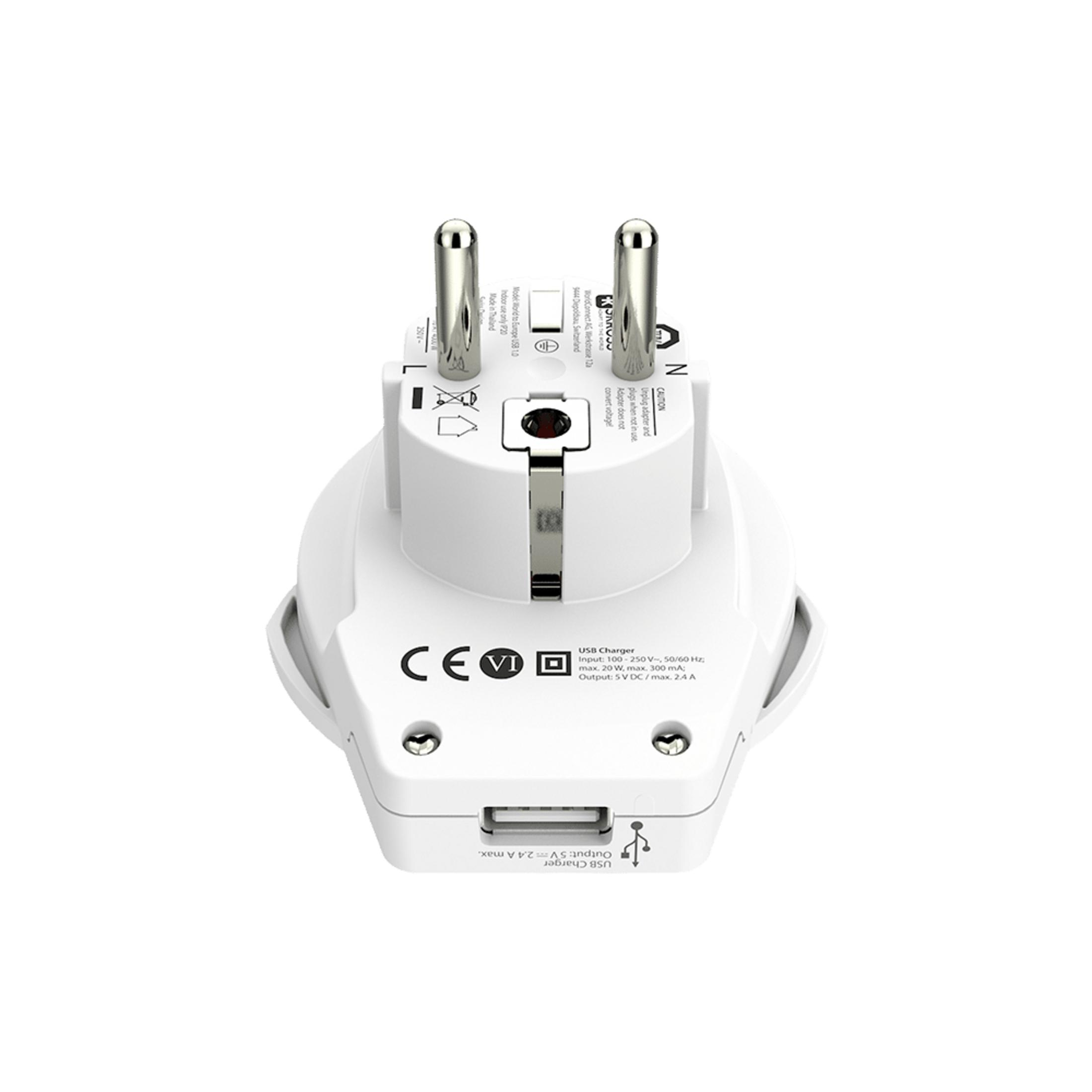 Un adattatore da viaggio bianco con porta USB e marchio CE VI.