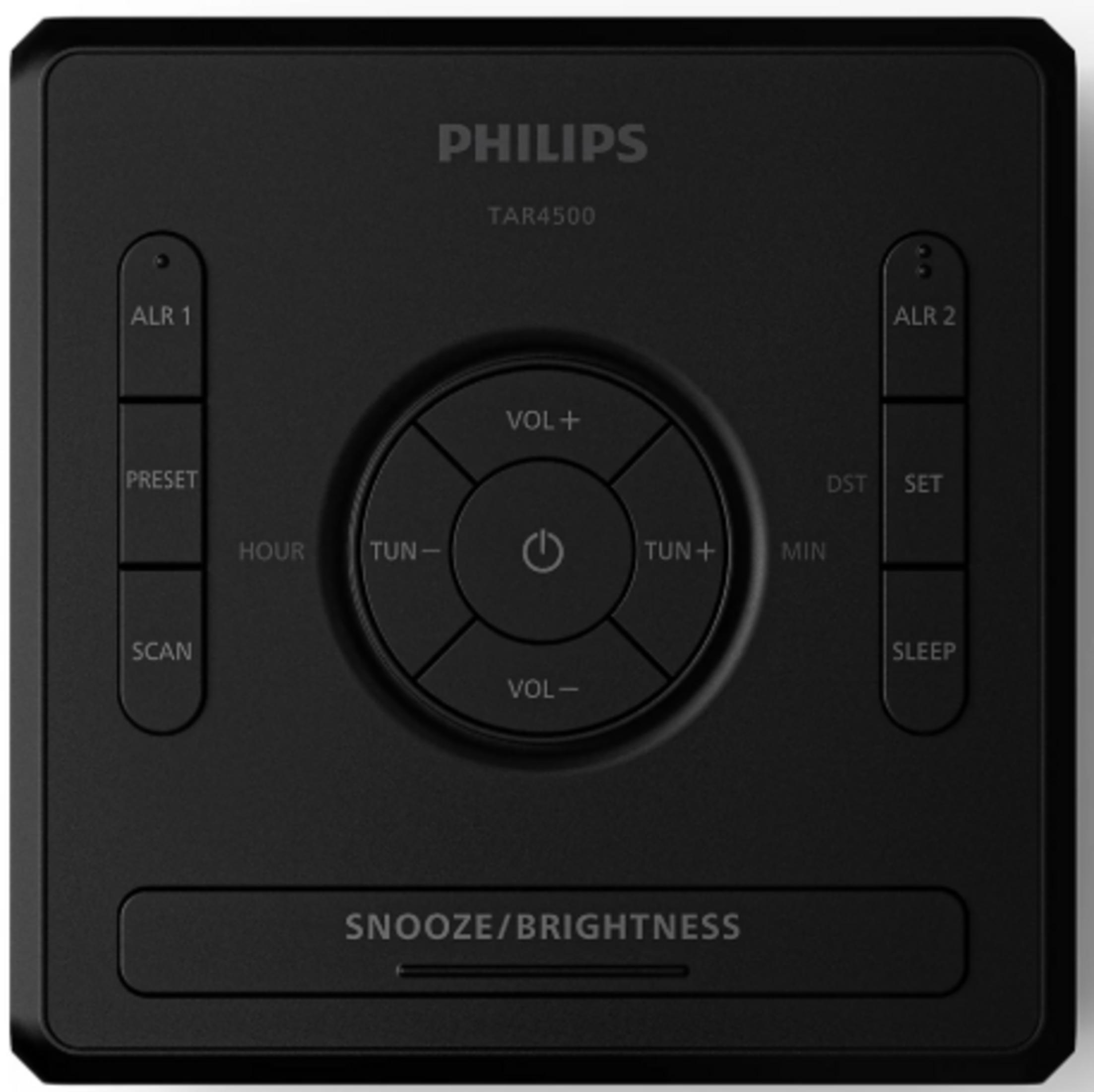 Kontrol düğmeli siyah Philips TAR4500 çalar saat.