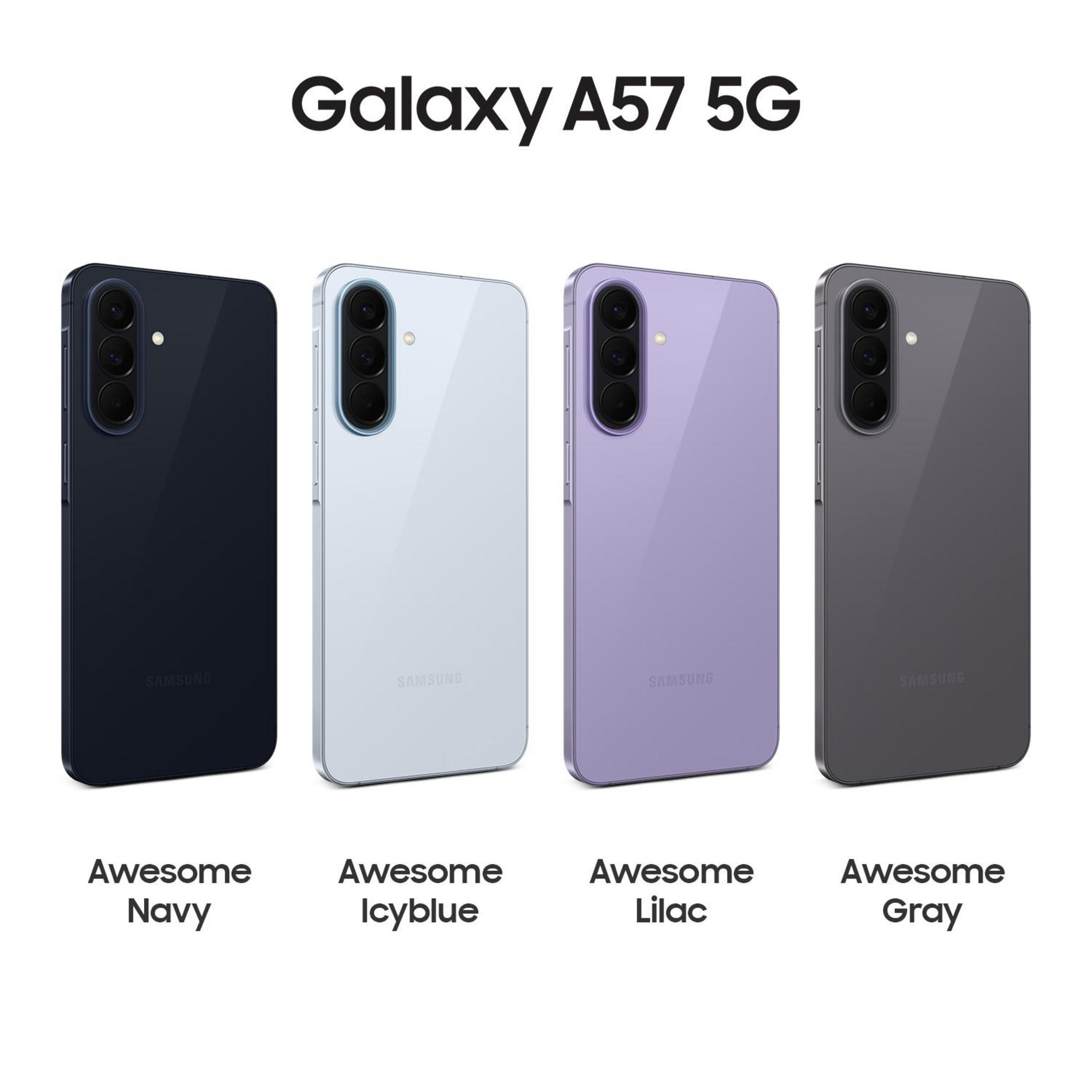 Cztery telefony Samsung Galaxy A57 5G w kolorach granatowym, lodowoniebieskim, liliowym i szarym.