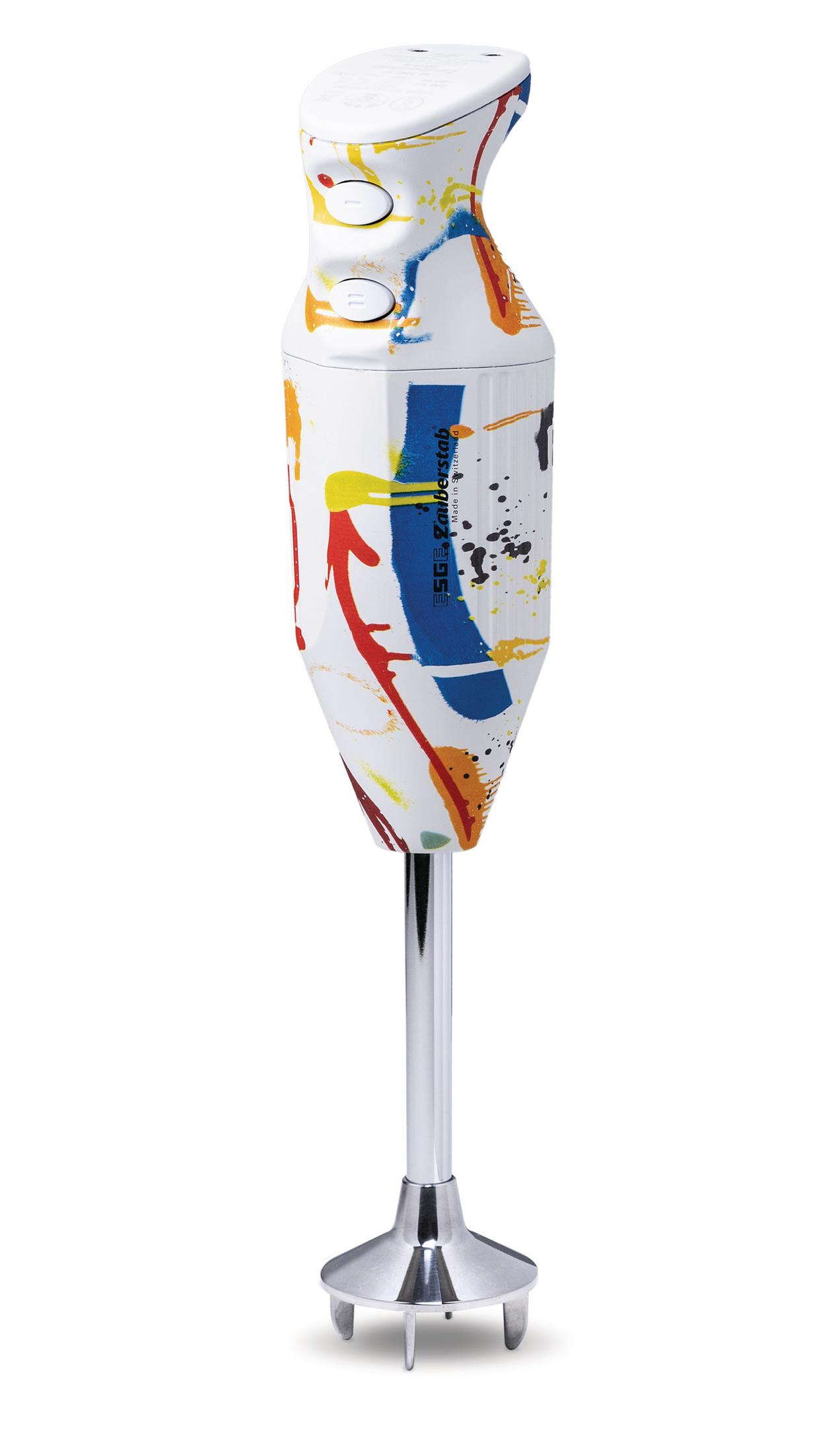 Ein weißer Pürierstab mit bunten Farbspritzern und zwei Knöpfen.