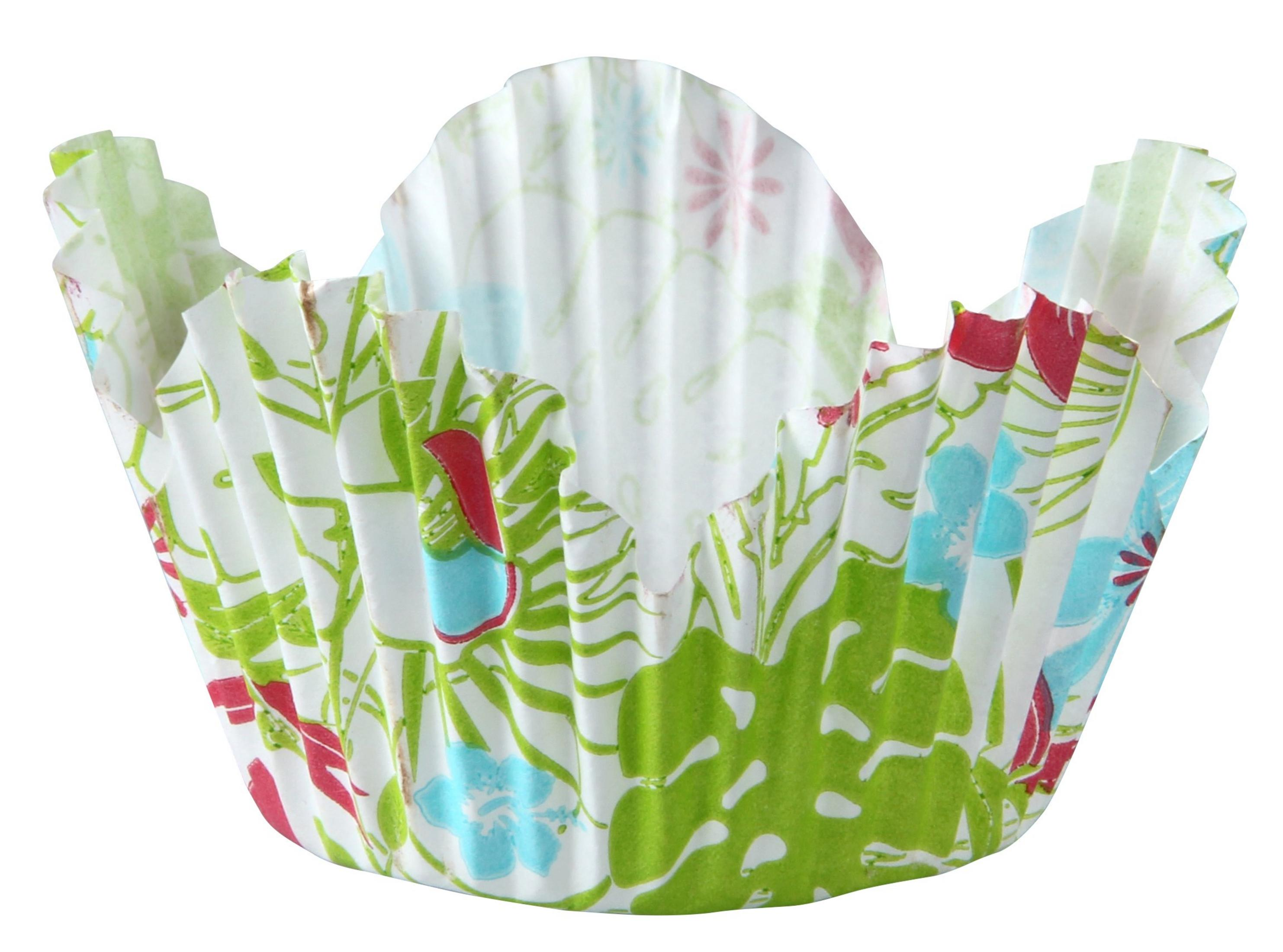 Bunt gemusterter Papier-Muffin-Förmchen mit Blumen und Blättern.