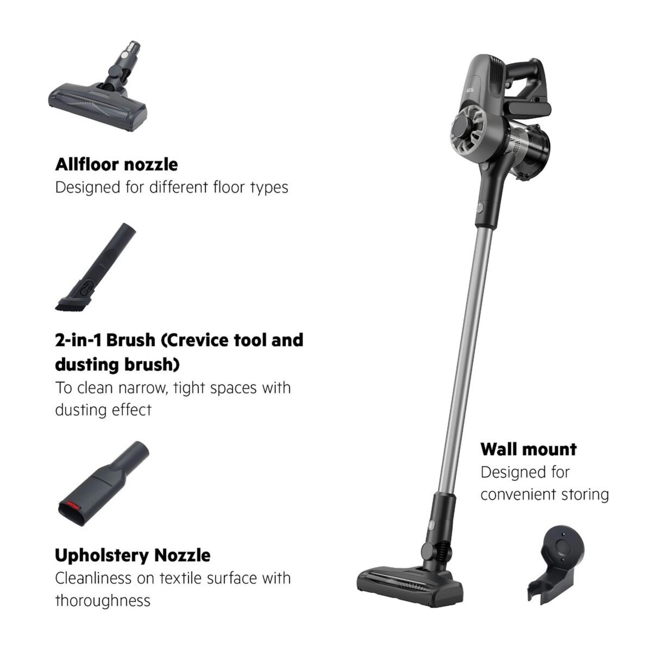 A grey vacuum cleaner with accessories: floor nozzle, crevice tool, and wall mount.