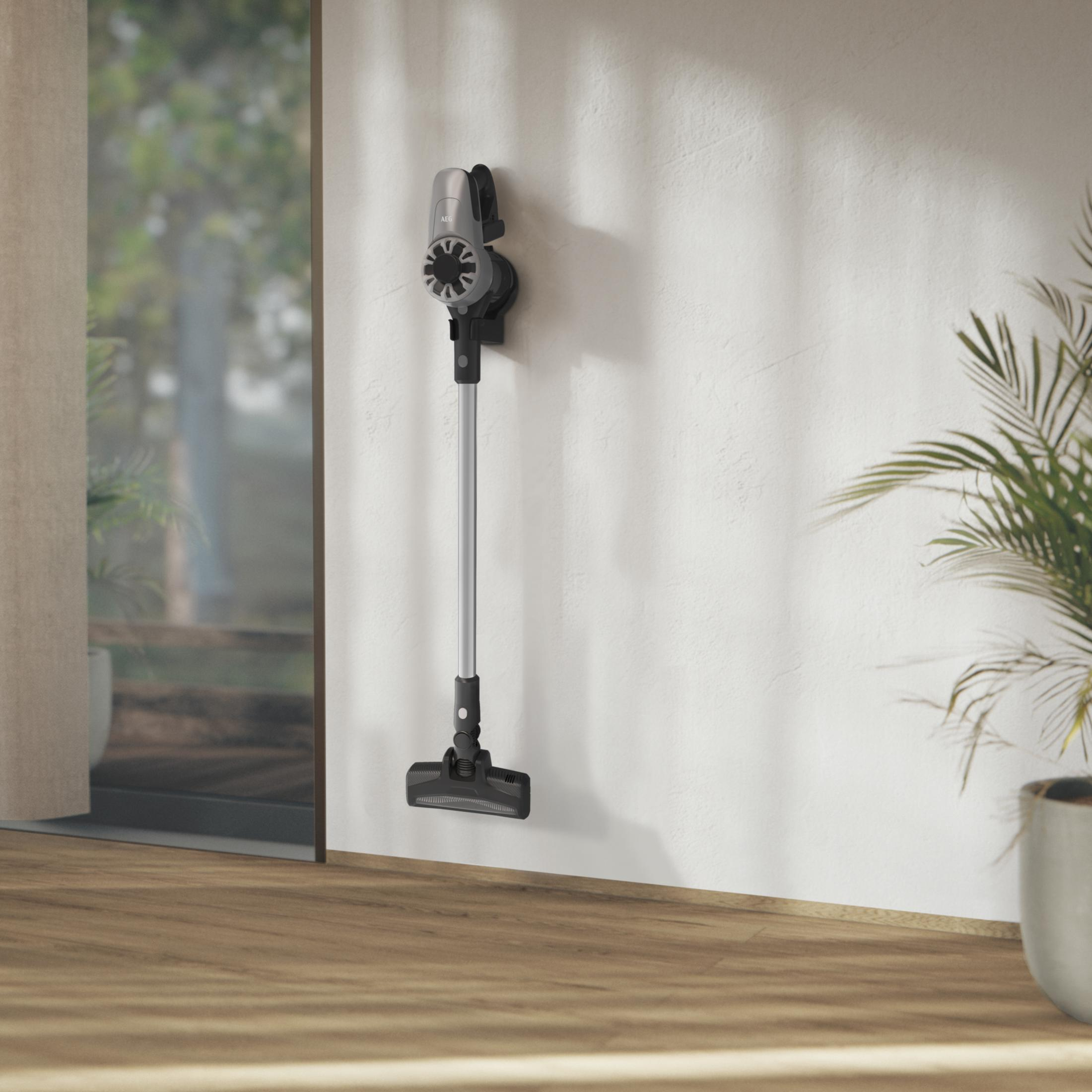 A grey AEG cordless vacuum cleaner hangs on a white wall, next to a plant.