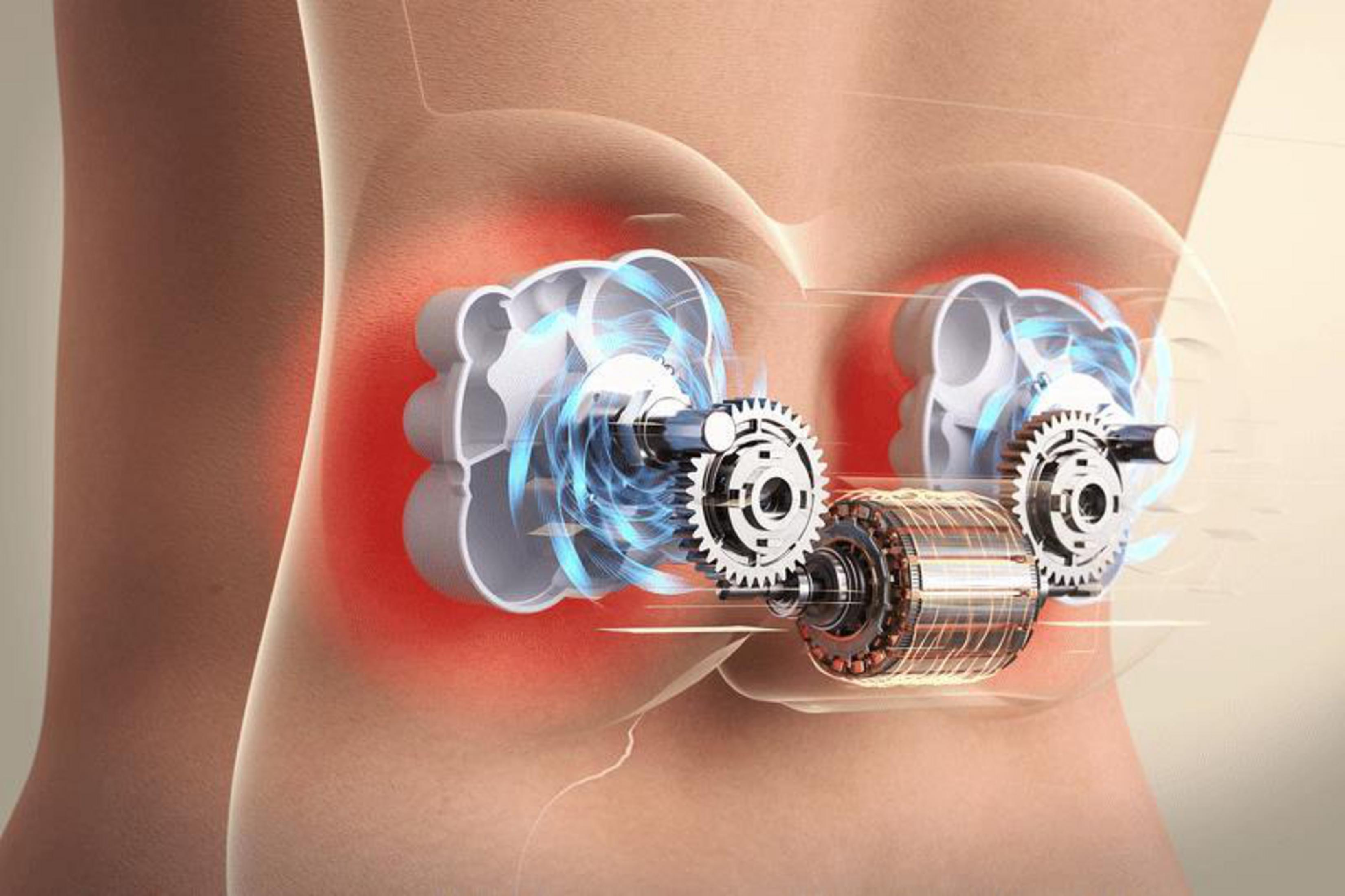 Nahaufnahme des weiblichen Oberkörpers mit schematischer Darstellung von zwei mechanischen Einheiten mit Zahnrädern und Spulen.