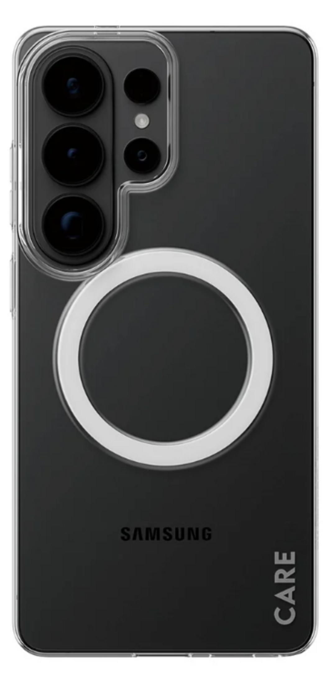 Schwarze Handyhülle mit Kameras und Ring. Samsung-Logo unten.