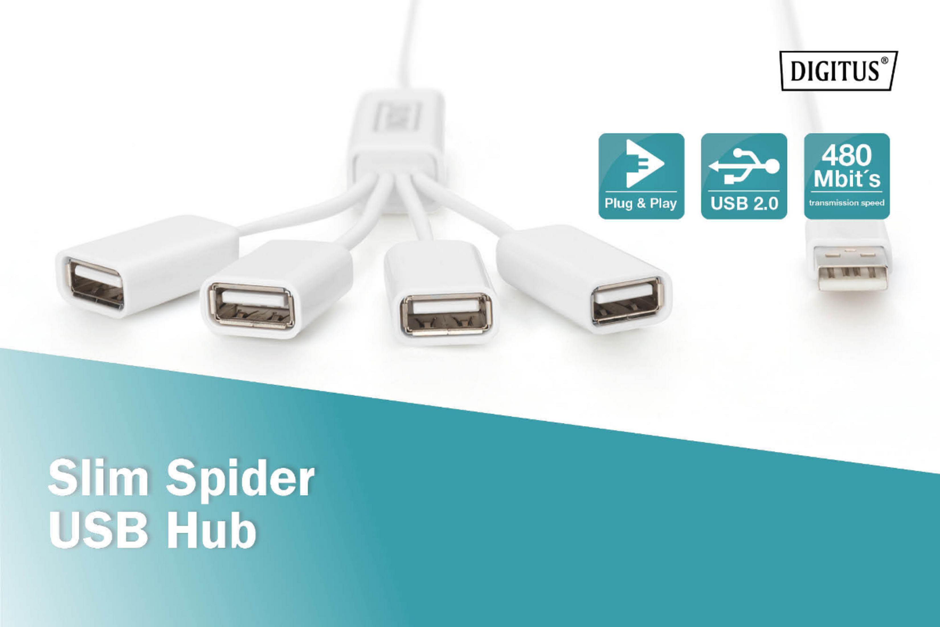 Hub USB bianco a quattro porte con testo 'Slim Spider USB Hub'.