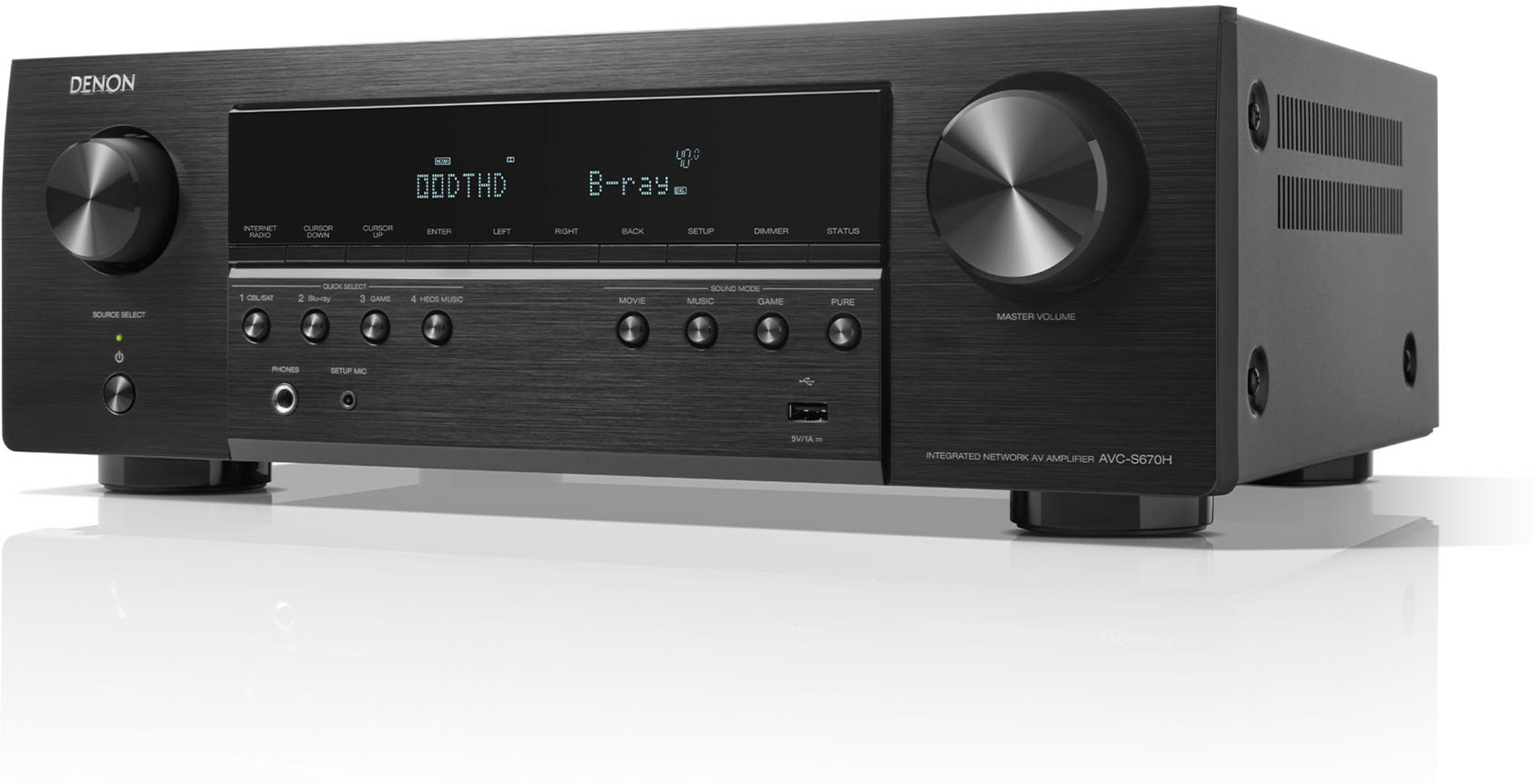 Schwarzer Denon AV-Receiver mit Knöpfen, Display und Lautstärkeregler.