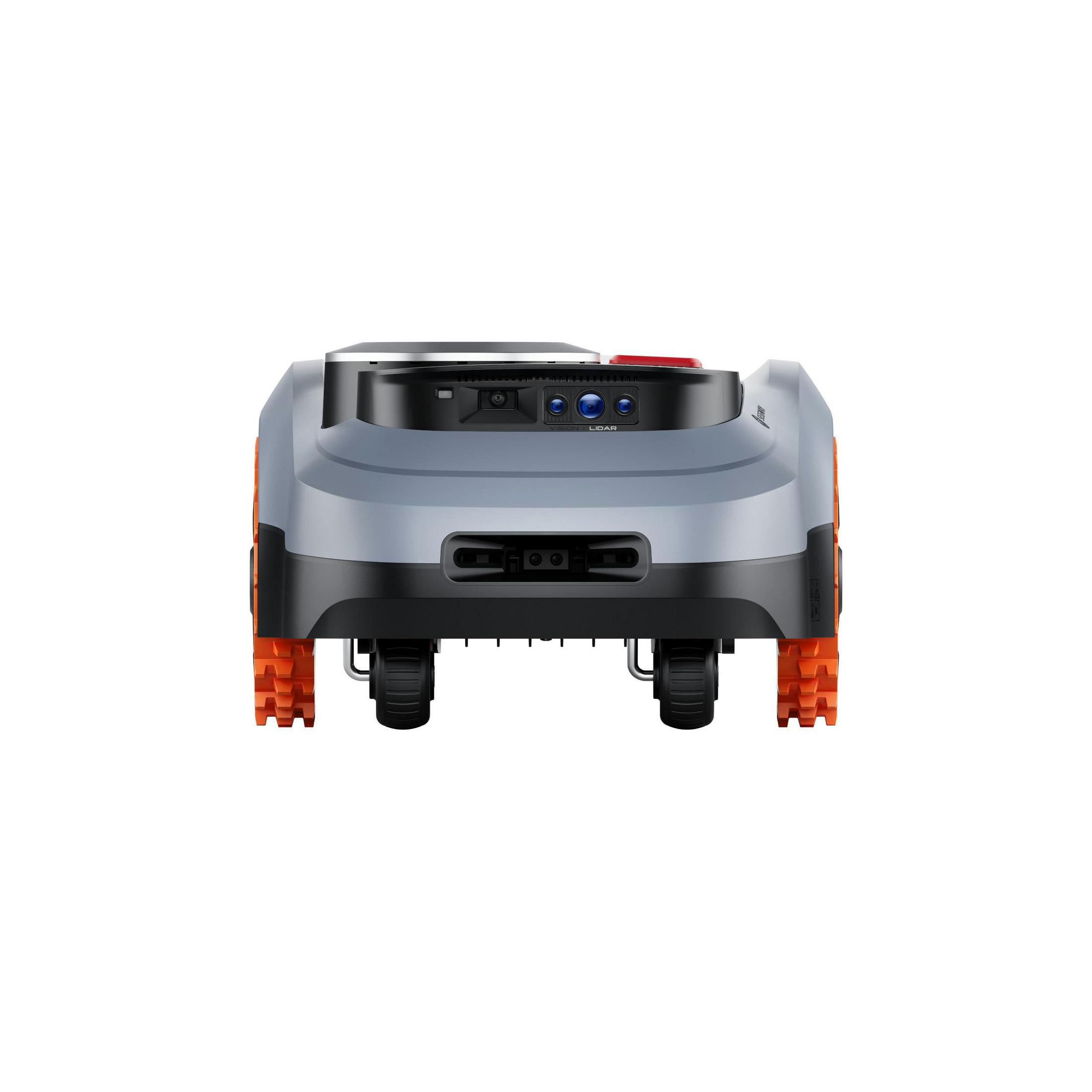 Ein Mähroboter mit grauer Oberseite, schwarzen Akzenten und orangen Rädern.