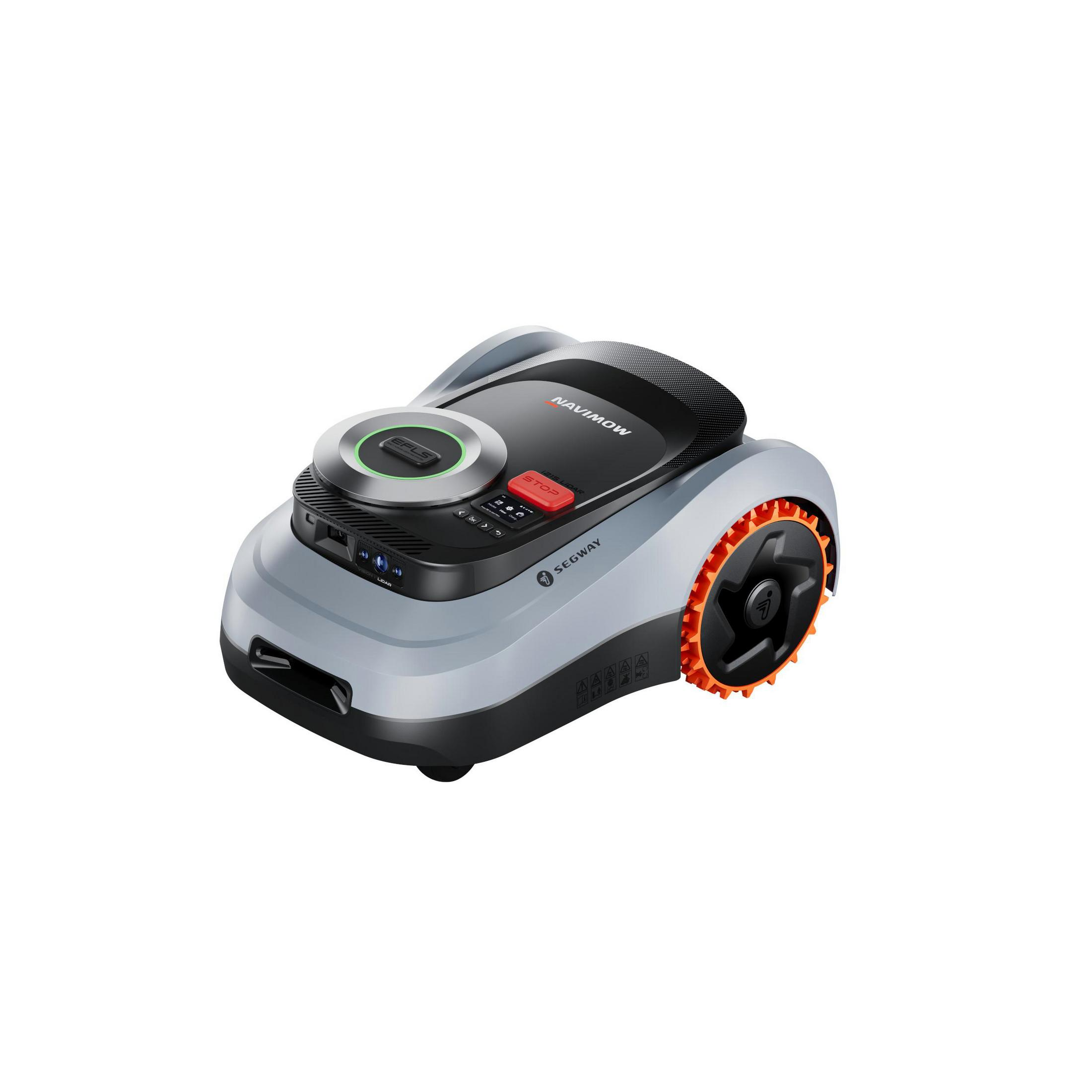 Ein grauer Navimow Mähroboter mit orangefarbenem Rad und Segway-Logo.