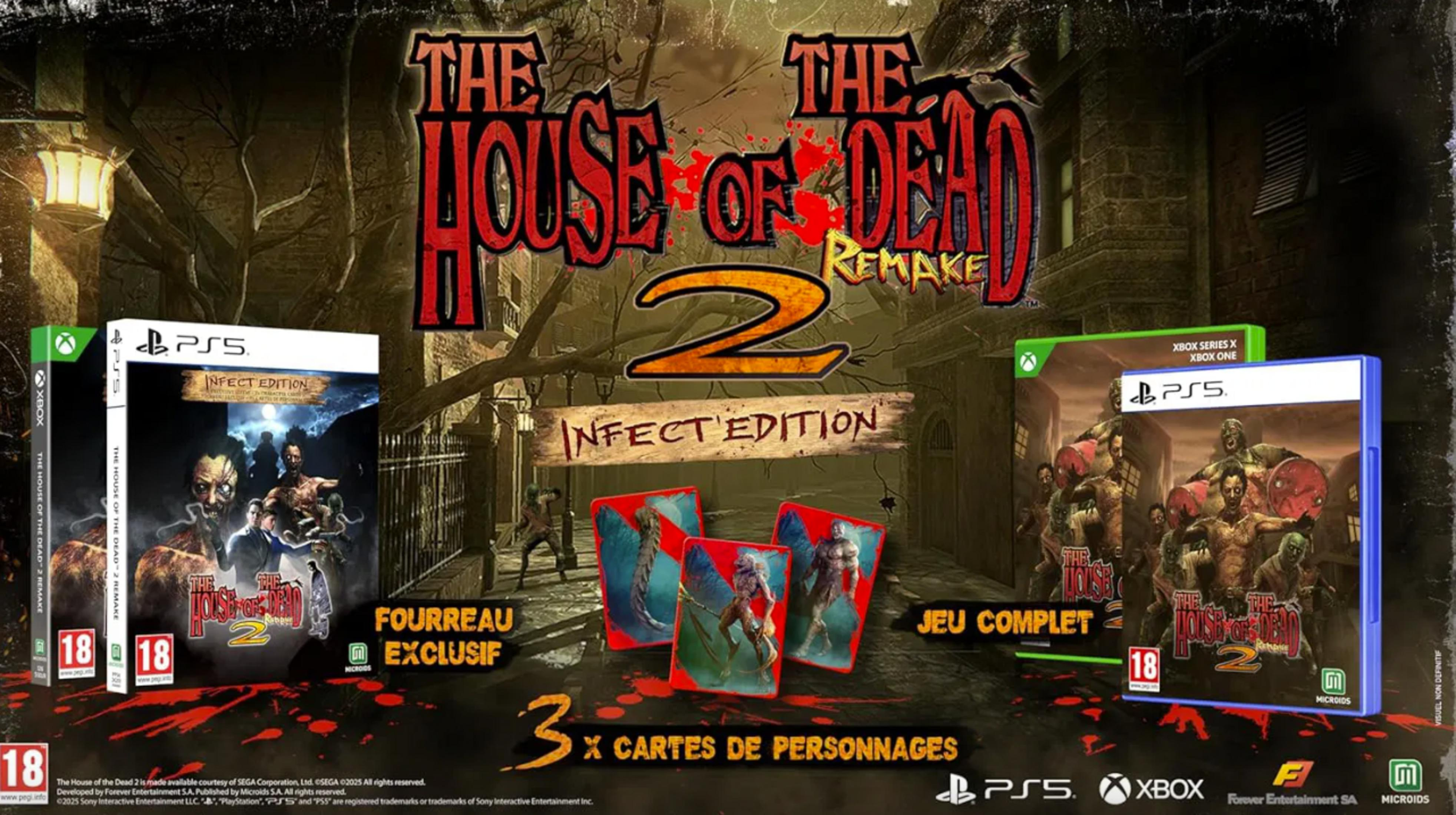 The House of the Dead 2 Remake: Infect Edition para PS5 y Xbox, con carátulas y cartas de personajes.