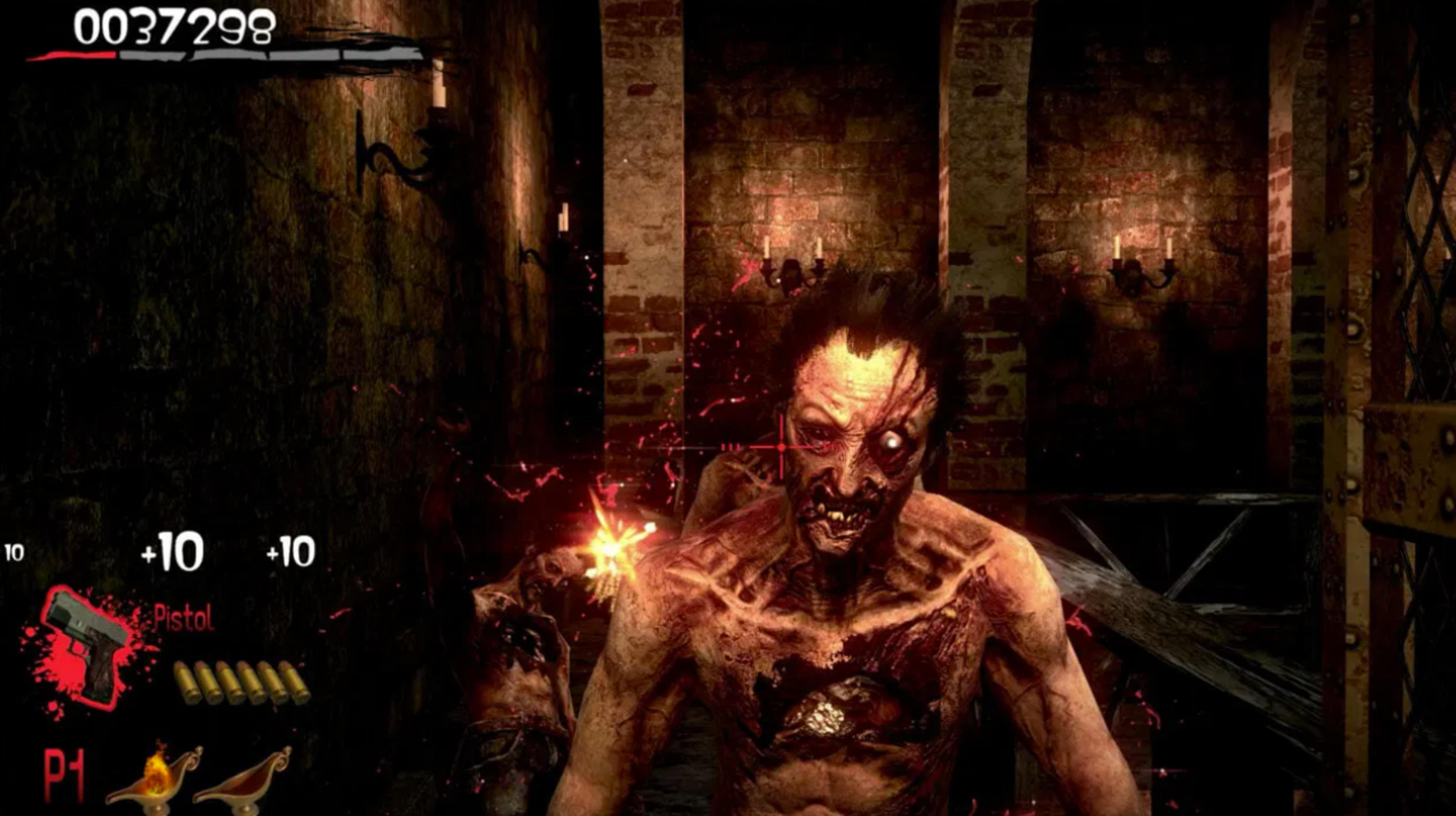 Un zombi es disparado en un juego, con salpicaduras rojas y antorchas al fondo.