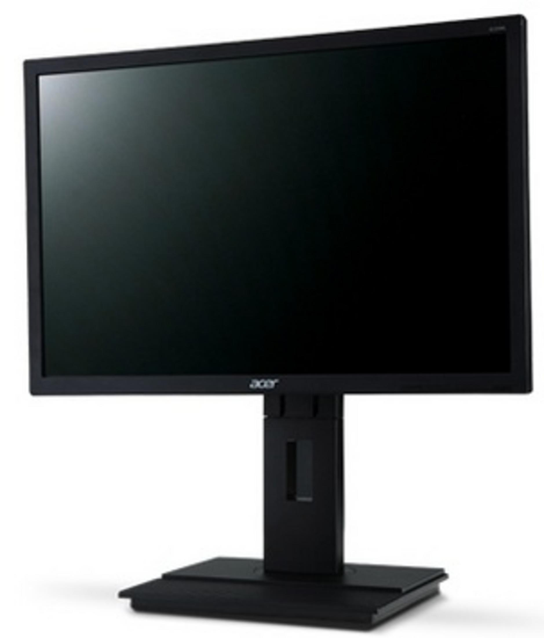 Un monitor Acer nero su un supporto nero su sfondo bianco.