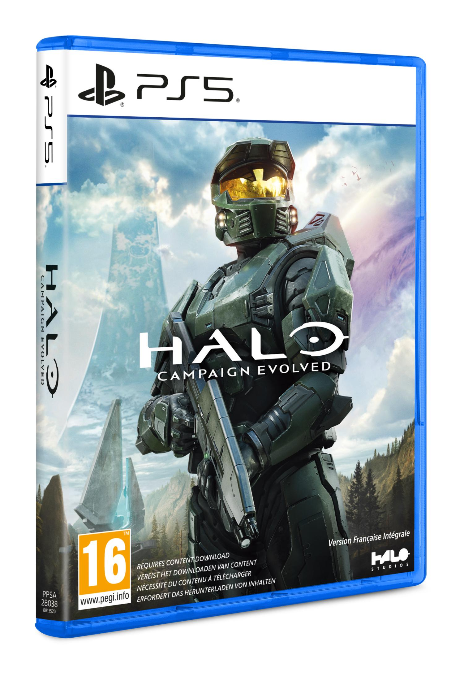 Custodia del gioco Halo Campaign Evolved per PS5 con Master Chief in armatura davanti a un paesaggio futuristico.