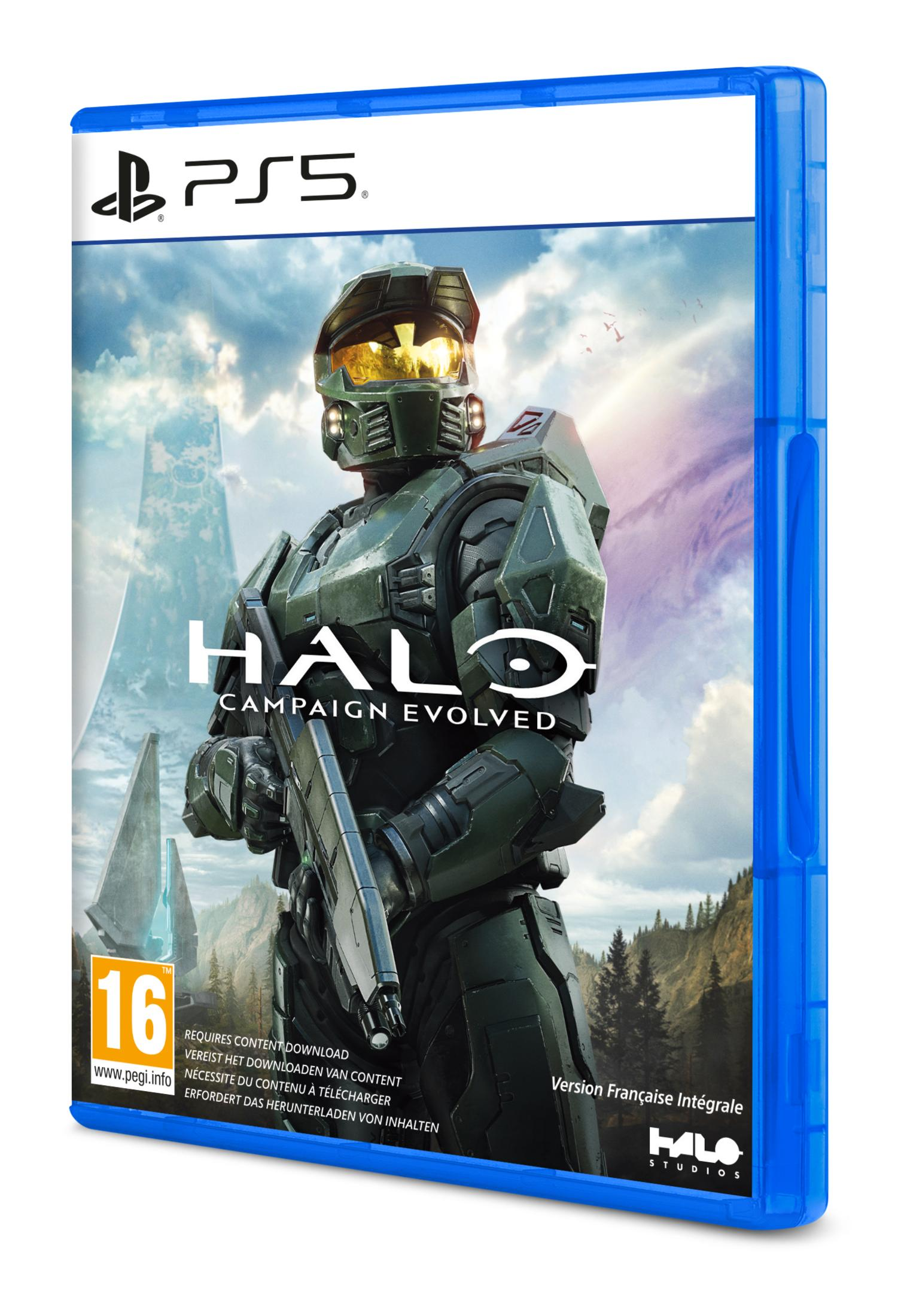 Copertina videogioco Halo per PS5, con Master Chief in armatura davanti a cielo e alberi.