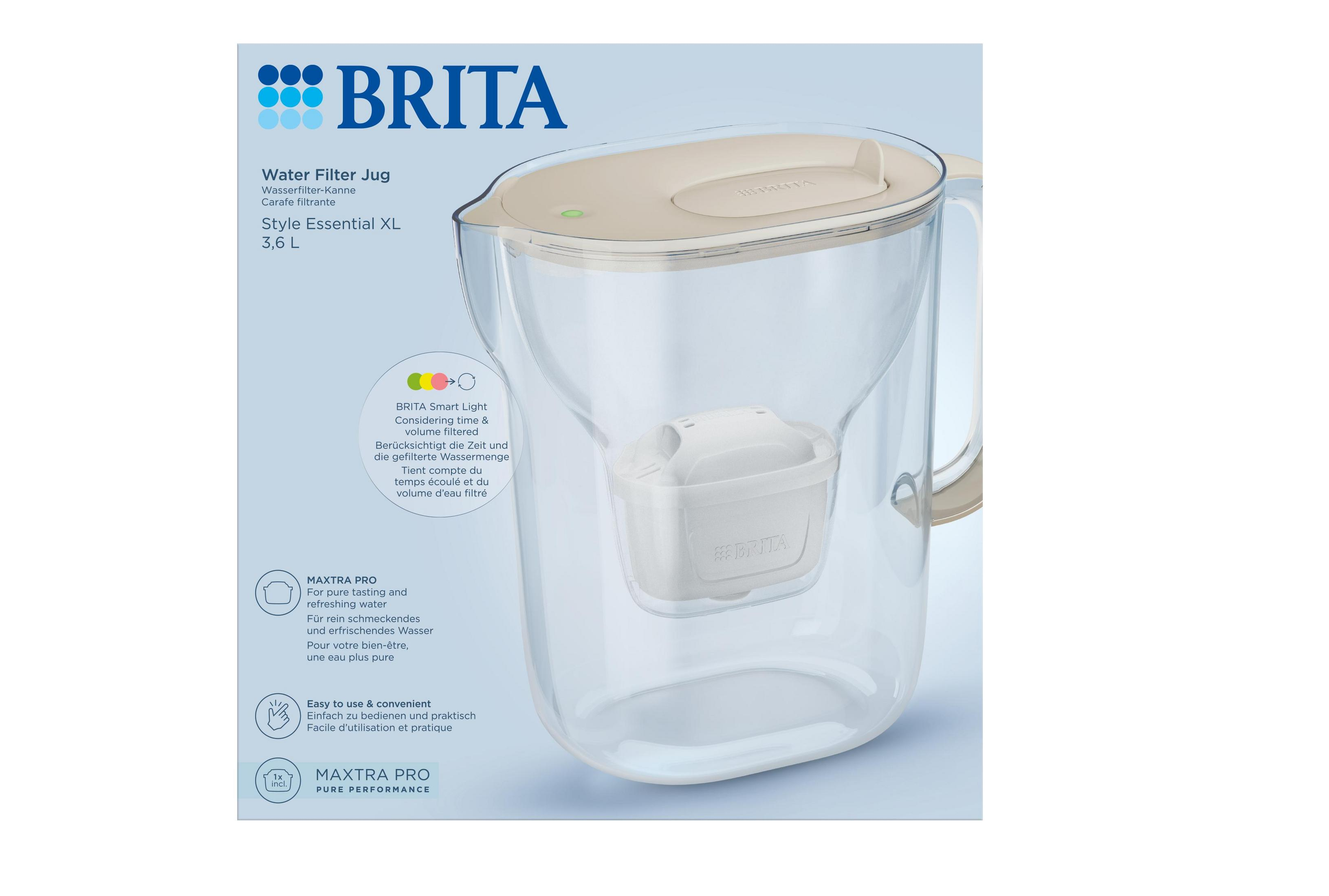 Eine transparente Brita Wasserfilterkanne mit einem weißen Filtereinsatz und beigem Deckel.