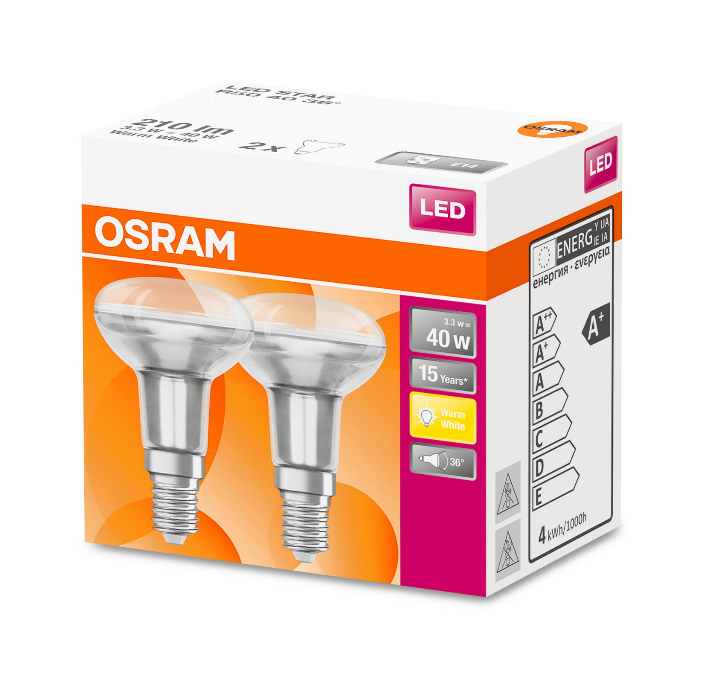 Osram LED-Lampen-Verpackung mit zwei Glühbirnen, Energieeffizienz-Label.