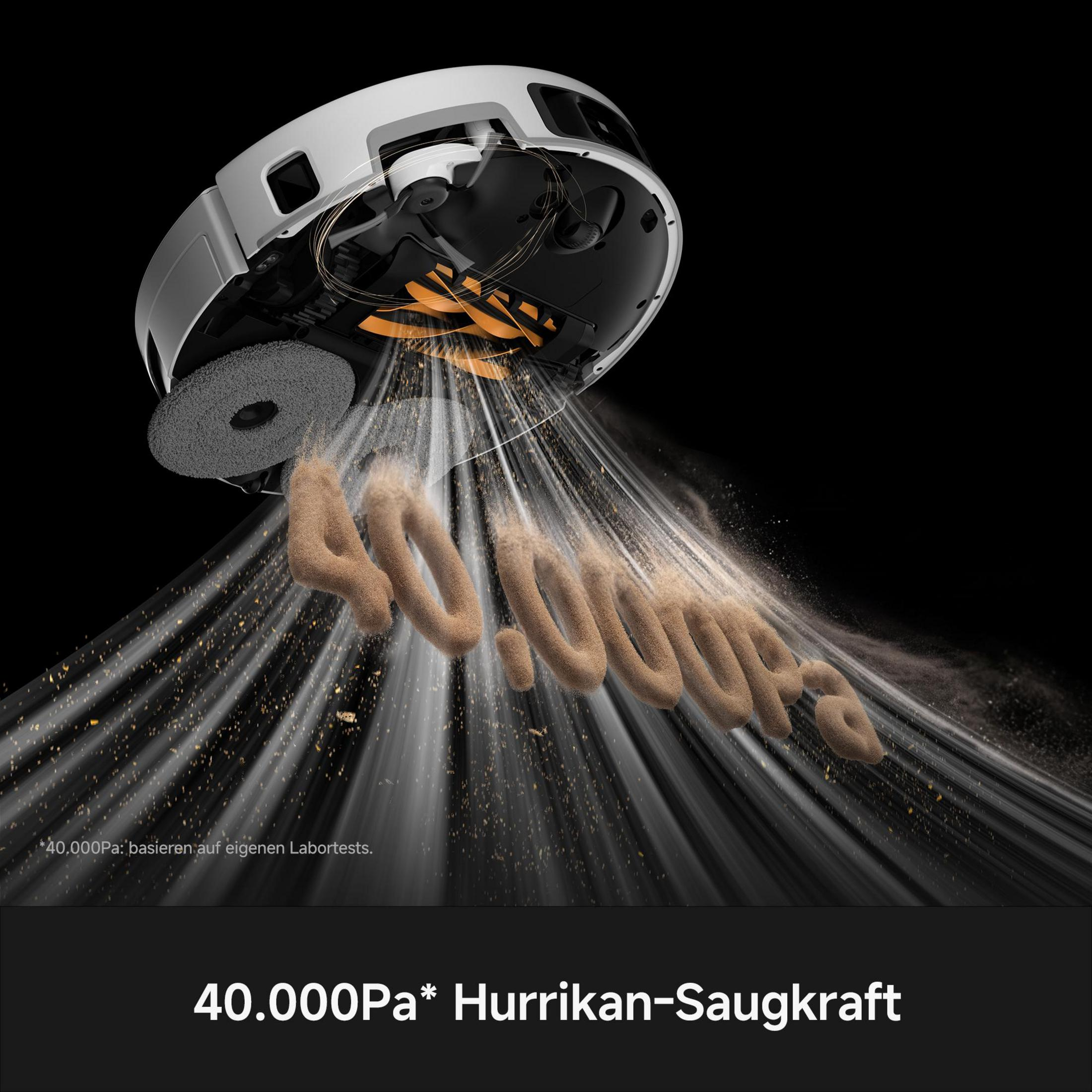 Un robot aspirapolvere aspira polvere, raffigurata come "40.000Pa".