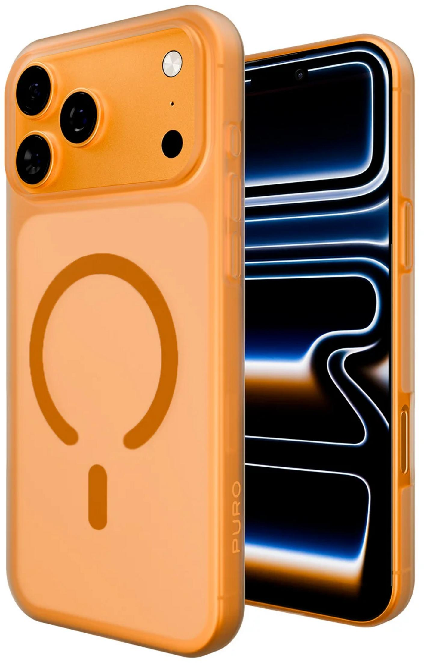 Cover arancione per telefono con gruppo fotocamere e cerchio MagSafe. Accanto, uno smartphone con sfondo blu-nero.
