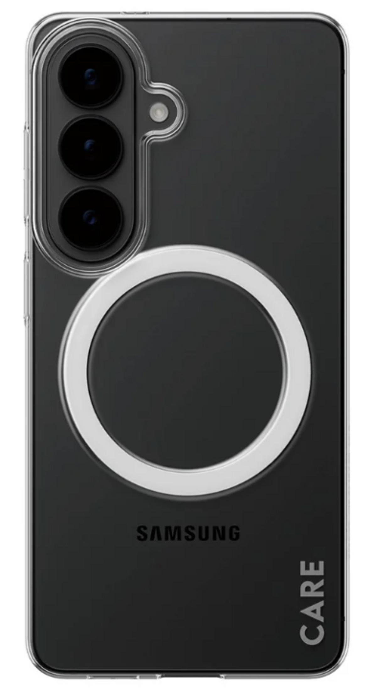 Üç kameralı, halkalı ve Samsung logolu şeffaf kılıf.